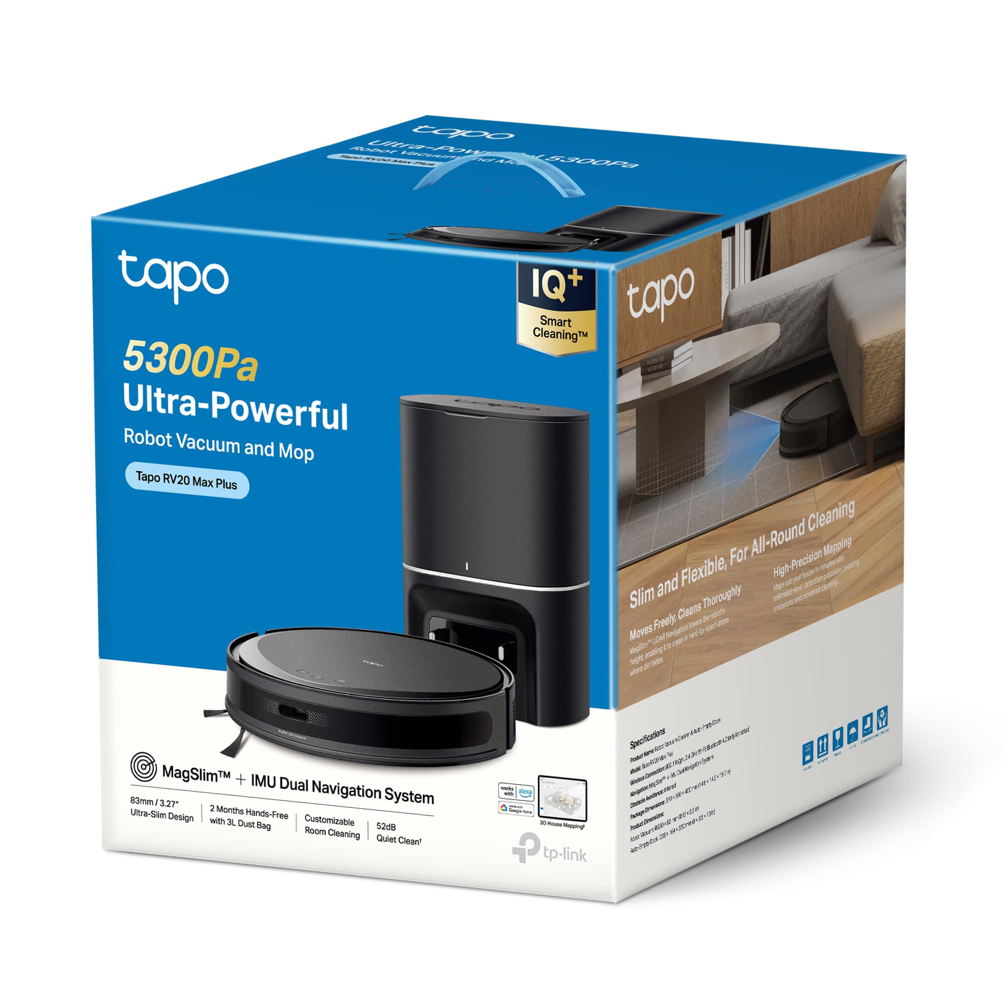 Tapo RV20 Max Plus Saugroboter mit Wischfunktion und automatischer Absaugstation, 5300Pa Ultra-Starke Saugkraft, 83 mm Ultra-schlank, kompatibel mit Alexa & Google Assistant Sprachsteuerung, App