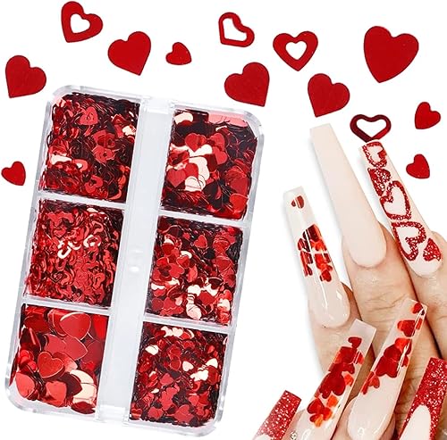 Miniatura 1 de 6 rejillas de corazón rojo con purpurina lentejuelas holográficas de corazón calcomanías de arte de uñas de amor calcomanías de uñas para el día de