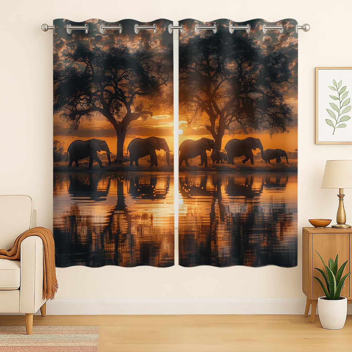 Naiice Elephant Window Curtains, Tropical African Wild Animal Fall Sunset Printed Drapes for Bedroom or Living Room, 84 x 84 Inch