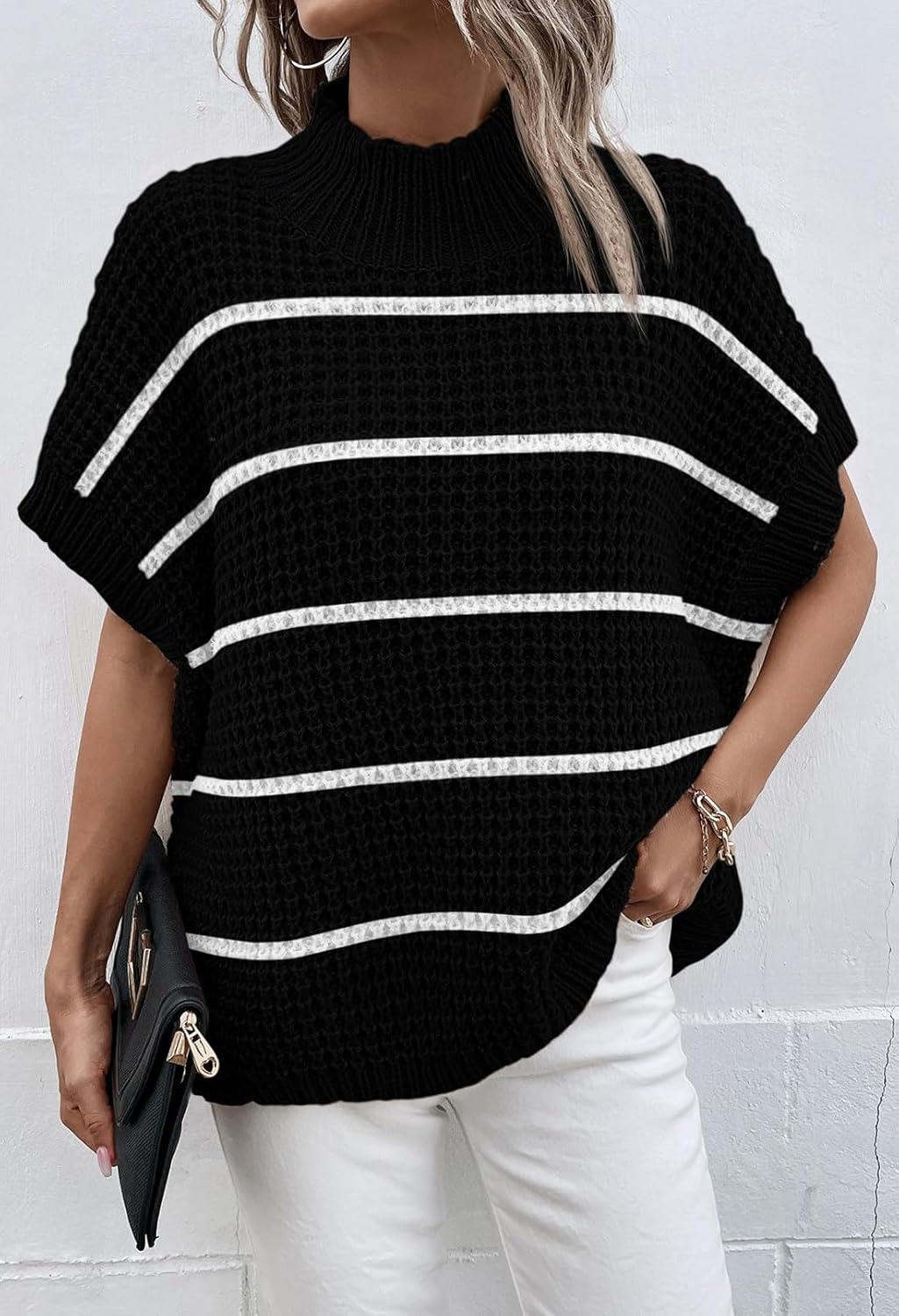 Viottiset Womens Oversized Short Batwing Sleeve Mock Neck Sweater Vest Fall Sleeveless Pullover Knit Sweaters - Image 4