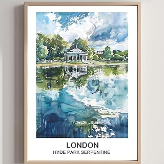 VUVUKU Hyde Park Serpentine Lake London AI watercolor print, serene landscape wall art for living room or office, blue and green tones on archival paper