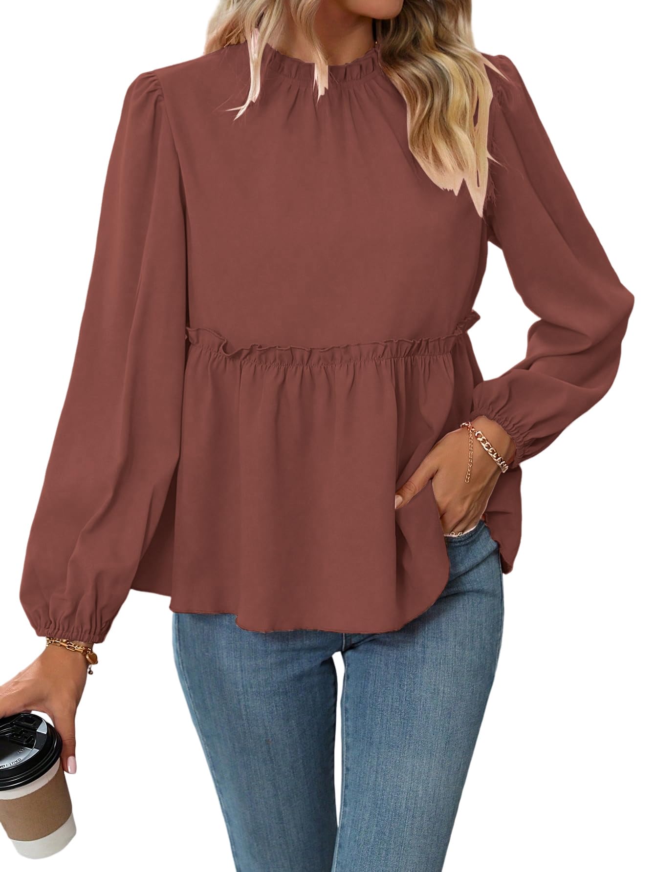 Samefar Womens Fall Shirts Long Sleeve Babydoll Tops Peplum Smocked Pleated Casual Loose Fit Flowy Blouse