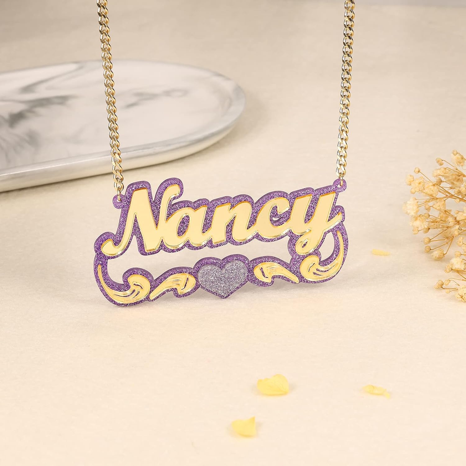 Customized Name Necklace Name Plate Necklace Custom Heart Personalized Acrylic Necklaces Two Tone Necklace for Women Girls (Purple+gold)