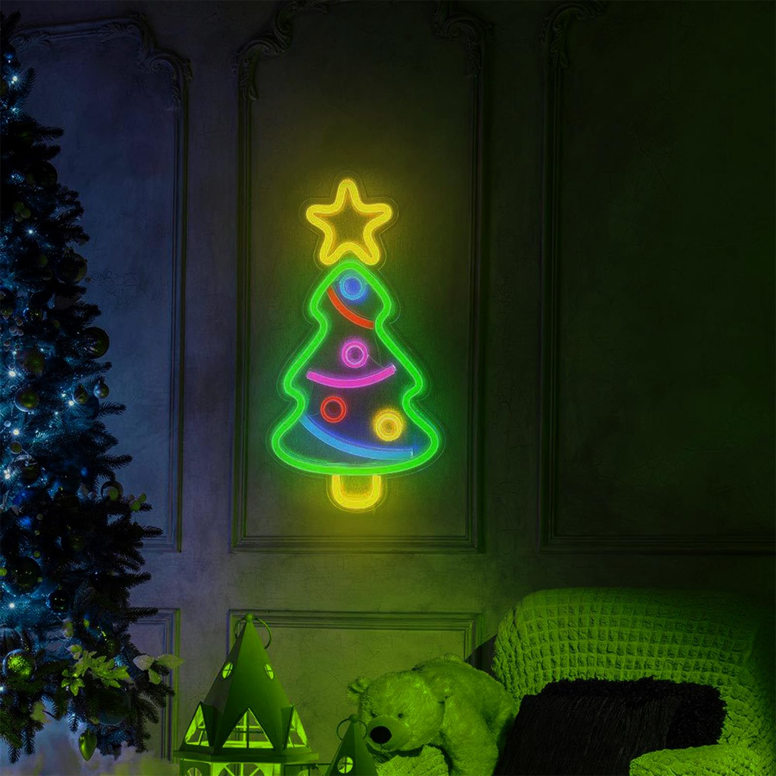 SEDEX Letrero de neón de Feliz Navidad, letrero LED de árbol de Navidad con alimentación USB para decoración de pared, fiesta de Navidad, bar, hogar, festival, decoración familiar para niños