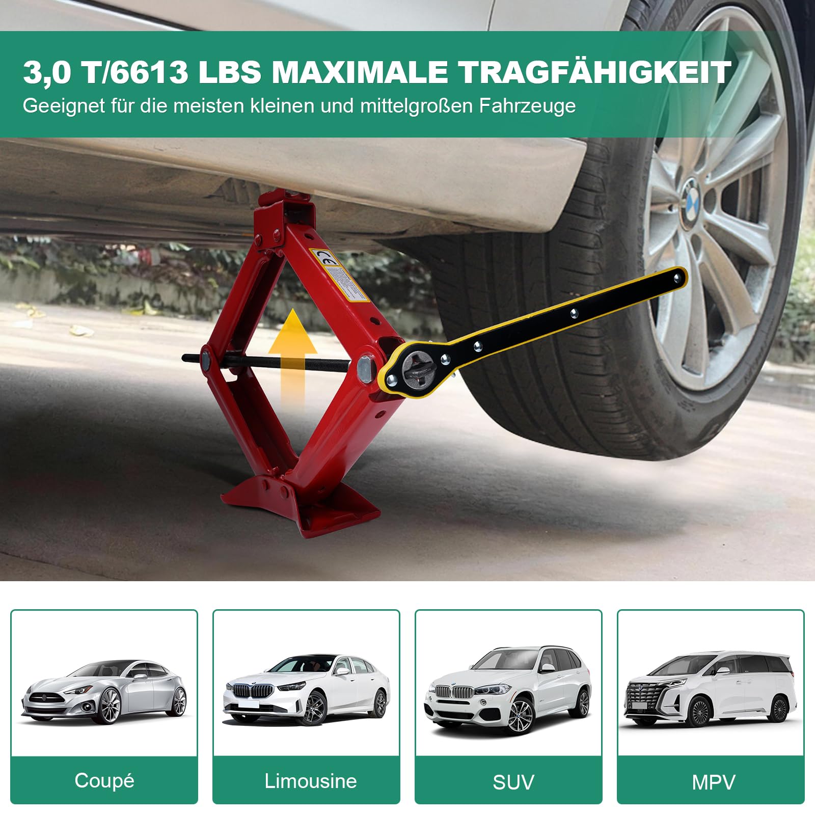 HYCHIKA Scherenheber 3T Wagenheber Auto Tragbar Autoheber Hebebühne 3 Tonnen Hebebereich von 120 mm bis 445 mm, Wagenheber für SUV PKW