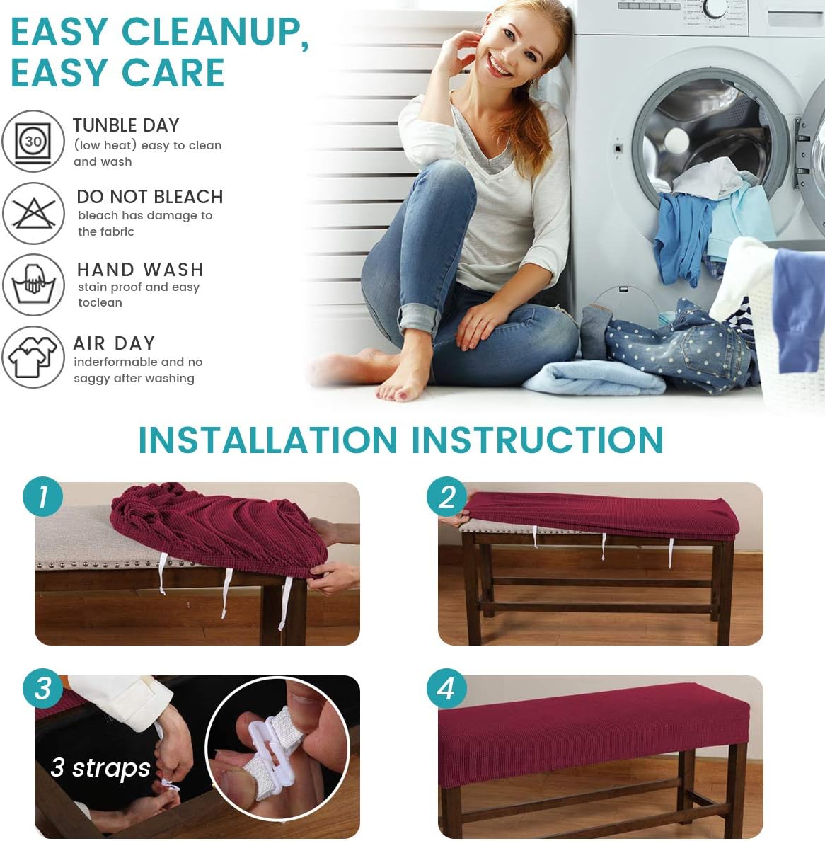 Beacon Pet Jacquard Dining Room Bench Covers, Soft Stretch Spandex upholstered Bench Slipcover, Removable Washable Bench Cushion Slipcovers for Living Room, Bedroom, Kitchen (Wine Red)