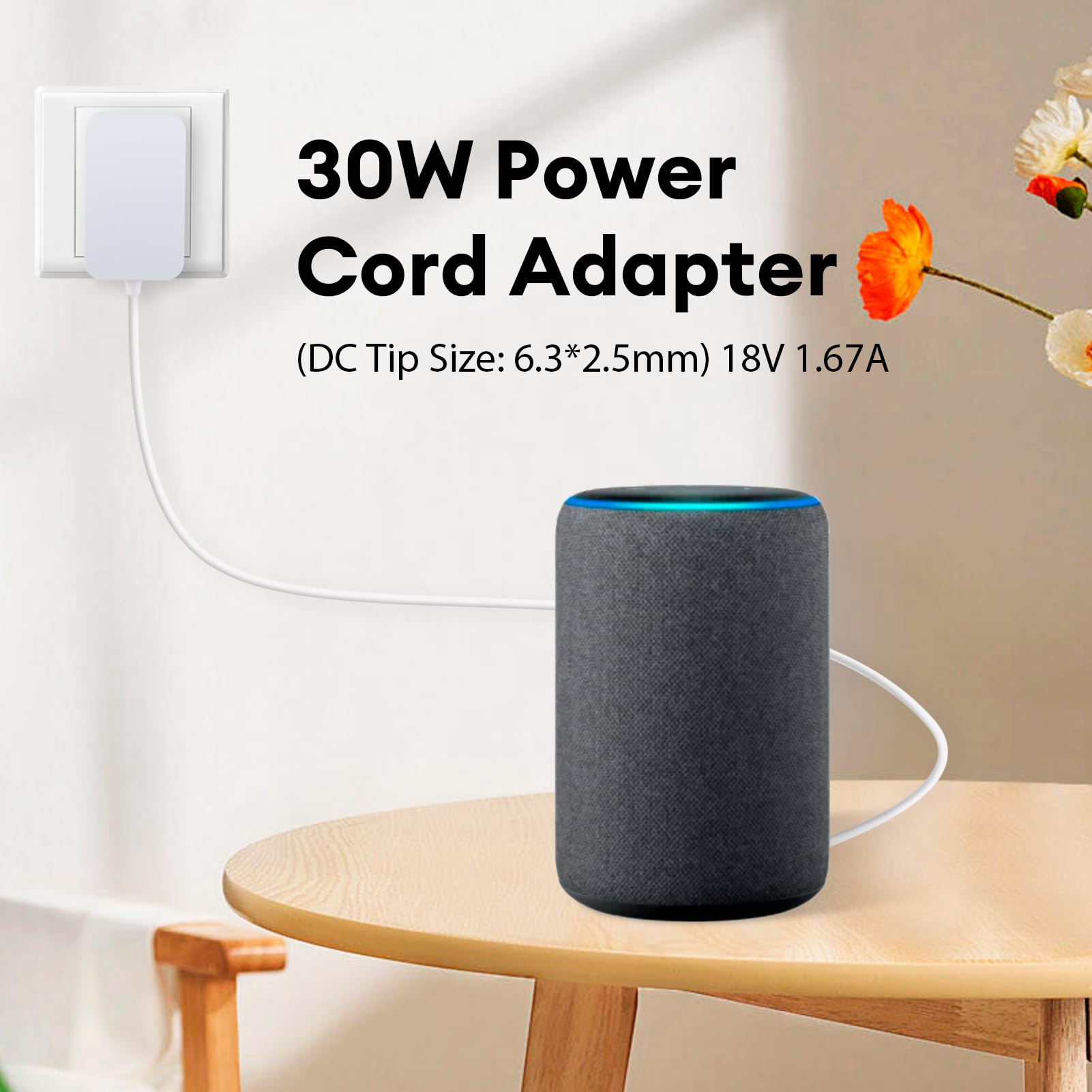 Cavo Alimentatore 30W per Alexa Echo 3ª/4ª Gen, Echo Show 8/10/15, Echo Show 2ª Gen, Echo Plus 2ª Gen, Adattatore 18V 1.67A AC a DC con Cavo da 1.2 Metri, Compatibile Solo con Dispositivi 18V, Bianco