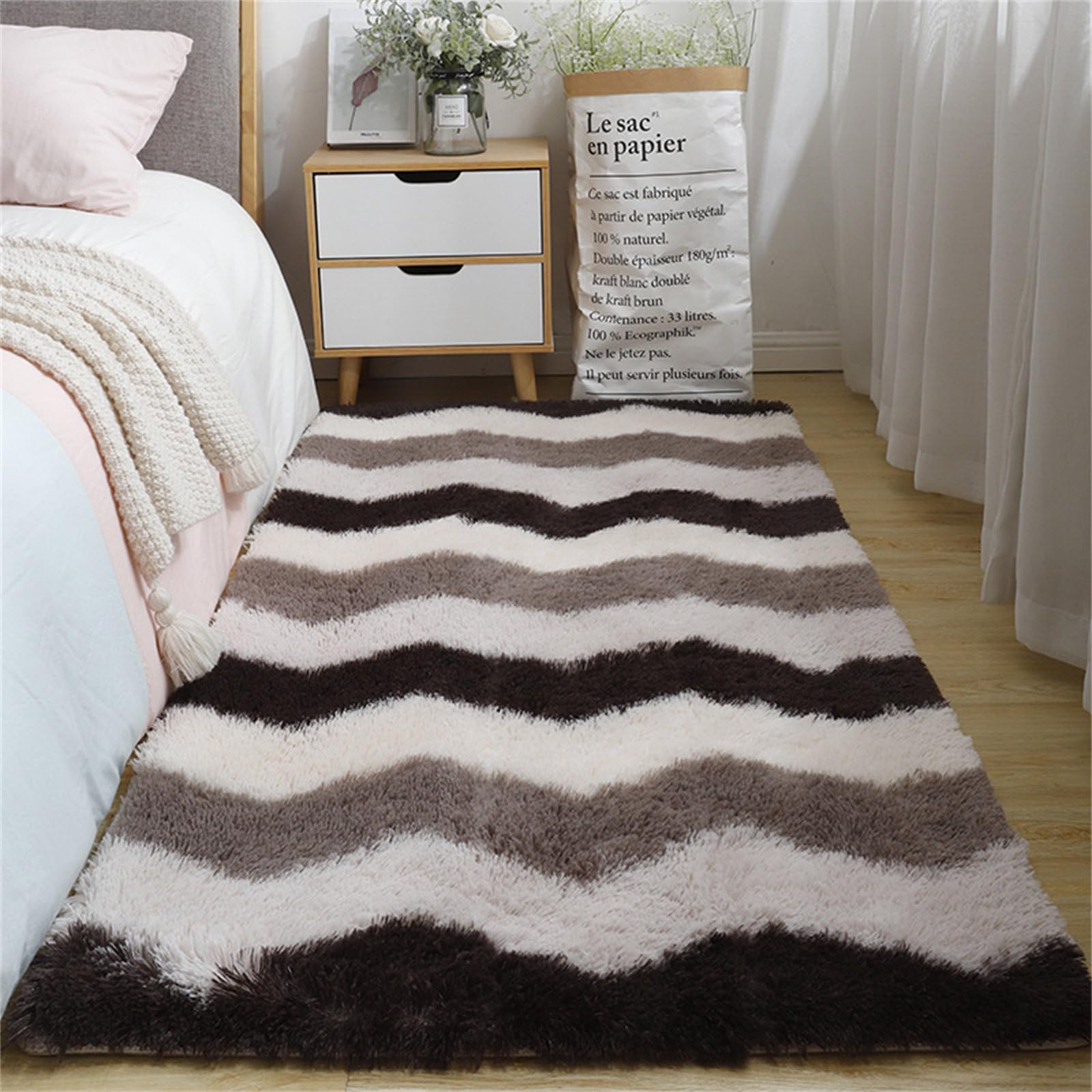 Highdi Alfombra Salón Pelo Largo Grande Estampados Geométricos Alfombras de Pelo Largo Alfombra de Salón Lavable y Antideslizante Suave Alfombra Dormitorio Modernas Alfombra (80x180cm,Marrón)