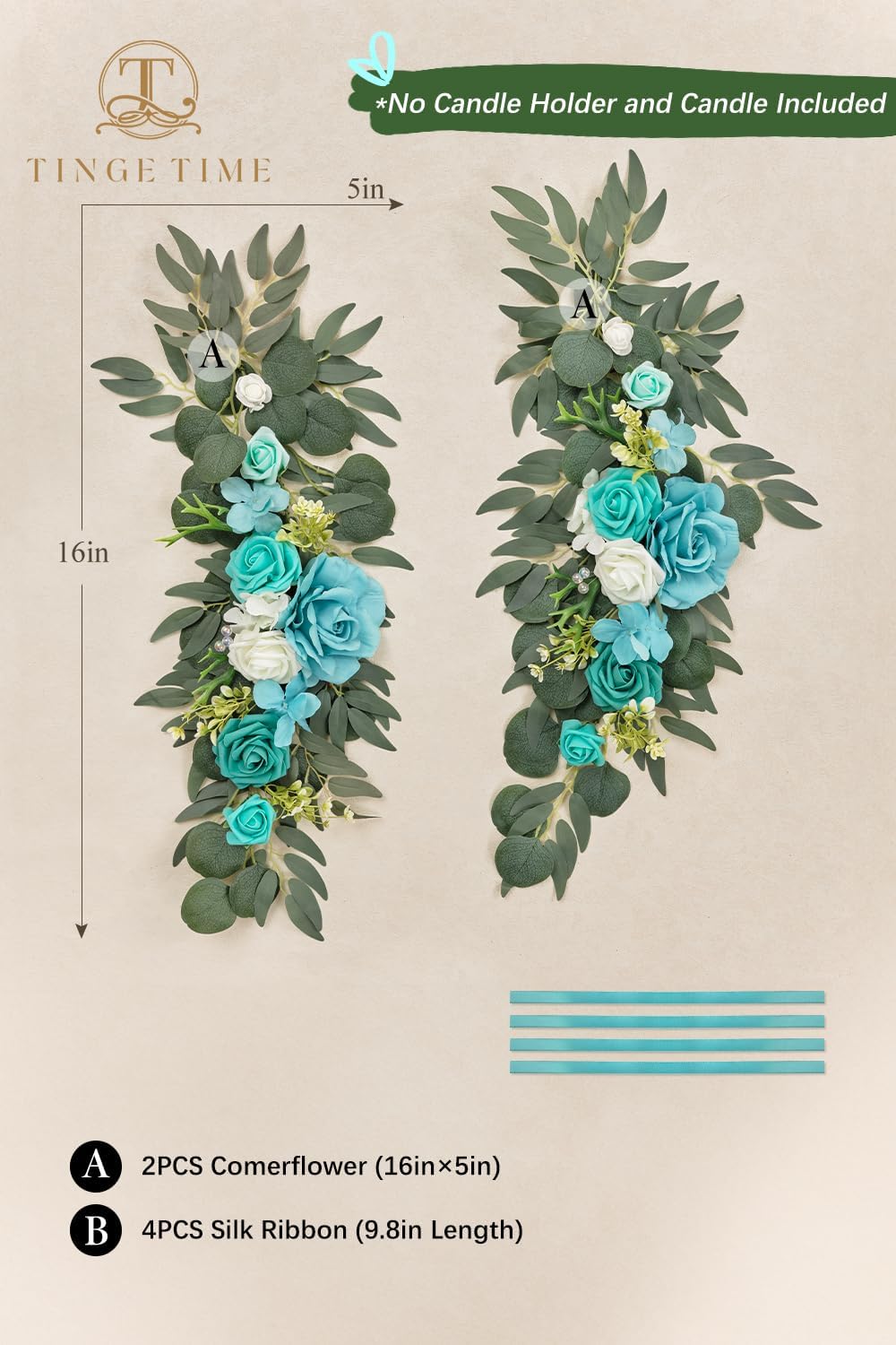 TINGE TIME 2pcs Artificial Flowers Candelabras Decoration, Teal Blue Floral Swag Greenery Garland for Rose Candle Rings for Wedding Ceremony Lantern Chair Decor Signs Decoration