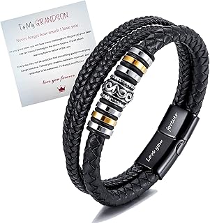 To My Son/To My Grandson Bracelet- "I Will Always Be With You" Braided Leather Bracelet for Men Boys, Stainless Steel Inspirational Wristband, Handmade Mens Braided Leather Bracelet Bangle Wristband