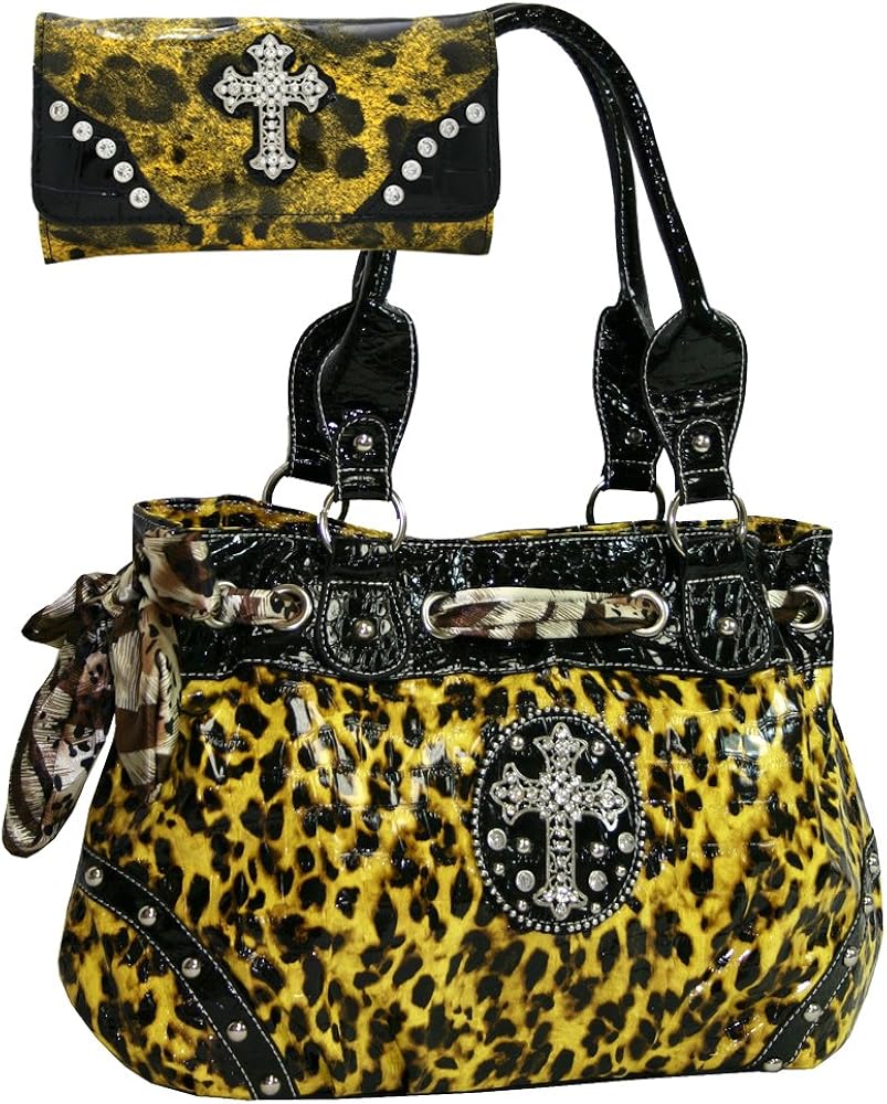 Western Rhinestone Studded Leopard Print Purse Cross Accent Handbag