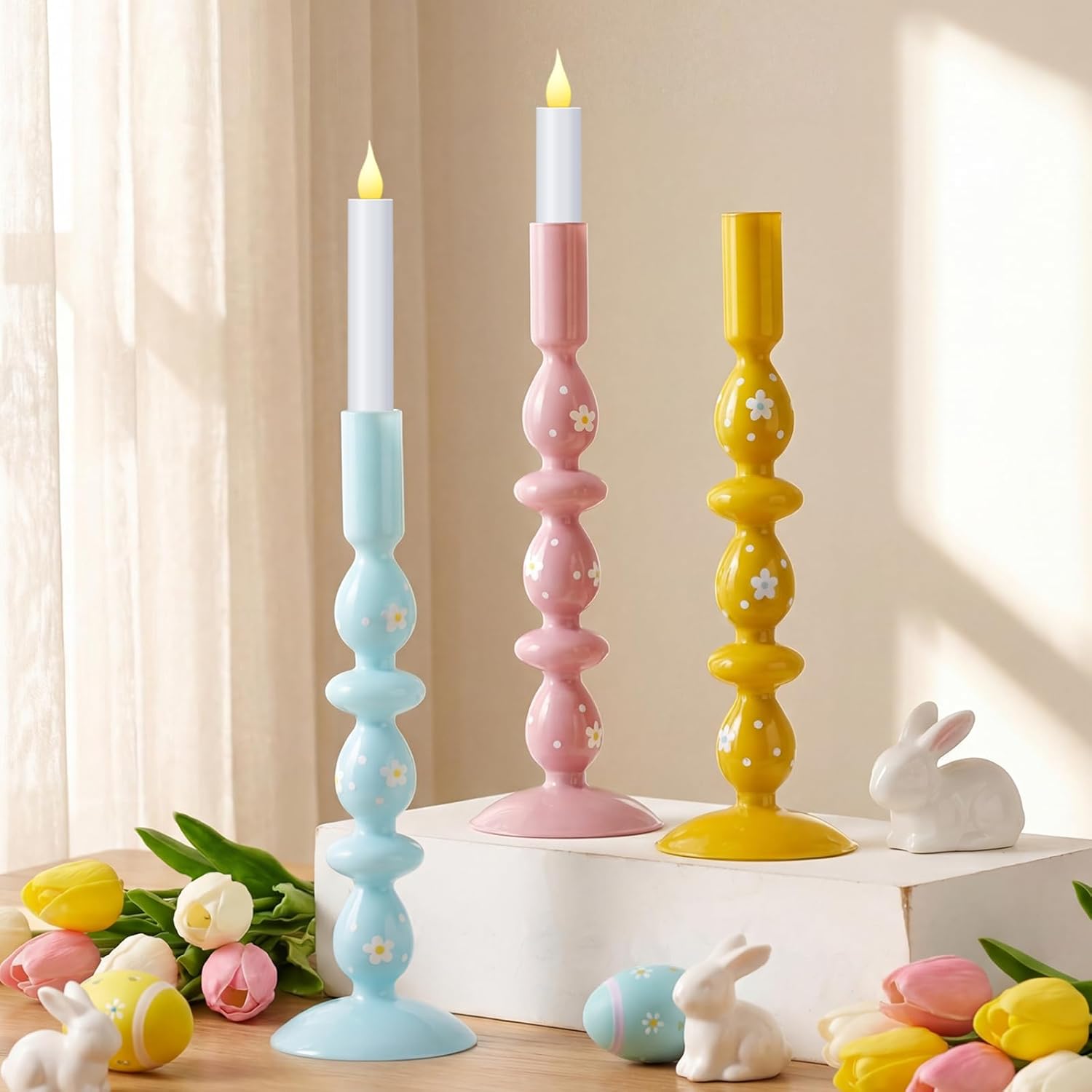 3 Pcs Pastel Easter Glass Candle Holders Set Spring Daisy Egg Taper Candlestick Holders for Spring Easter Home Table Centerpieces Fireplace Mantle Dining Decorations Holiday Office Home Gift