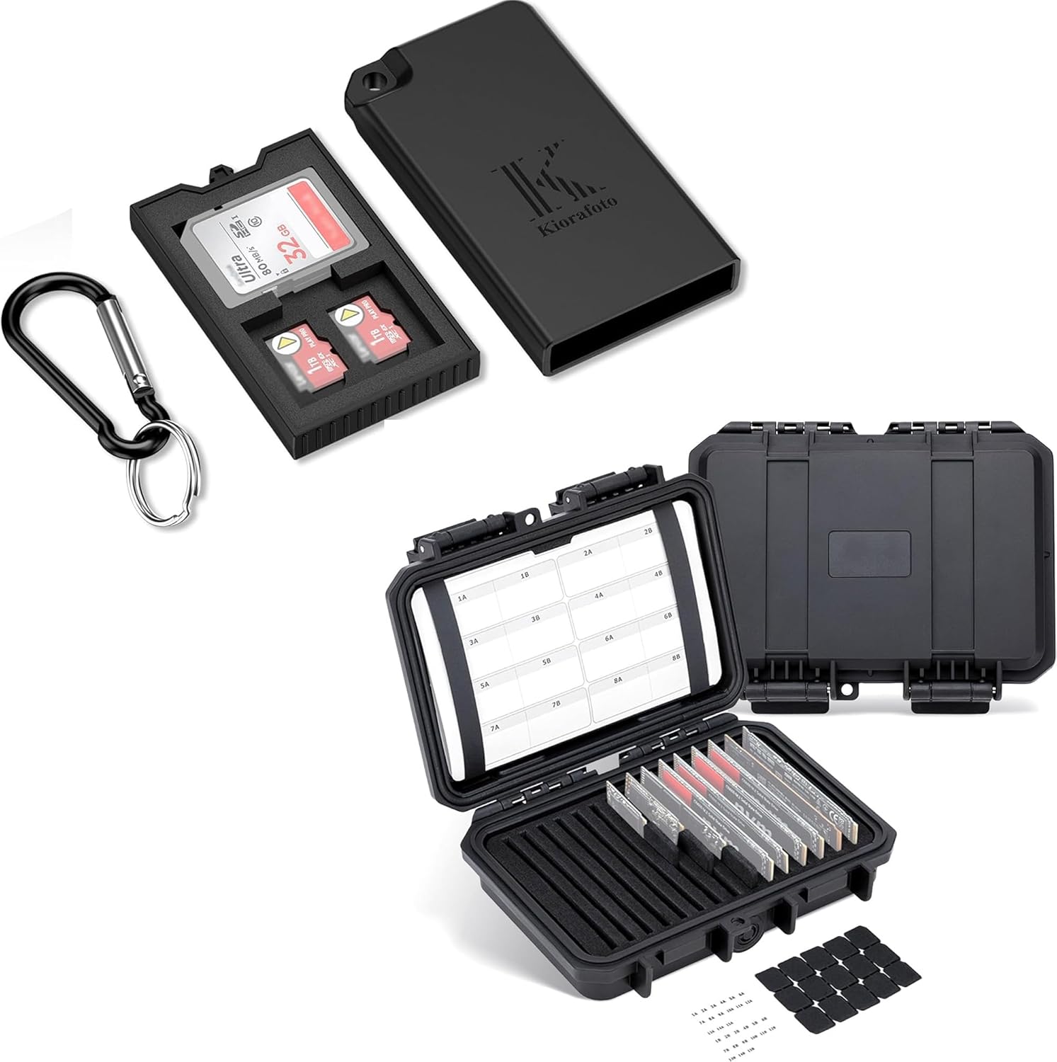 M.2 SSD Holder + Pop-up Card Case: Hard Plastic 15 Slots M.2 2280 2260 2242 2240 Keeper with Label & Notepaper with Pop-up Small Memory Card Case Holder for 2 SD SDHC SDXC Cards & 4 TF MicroSD MSD