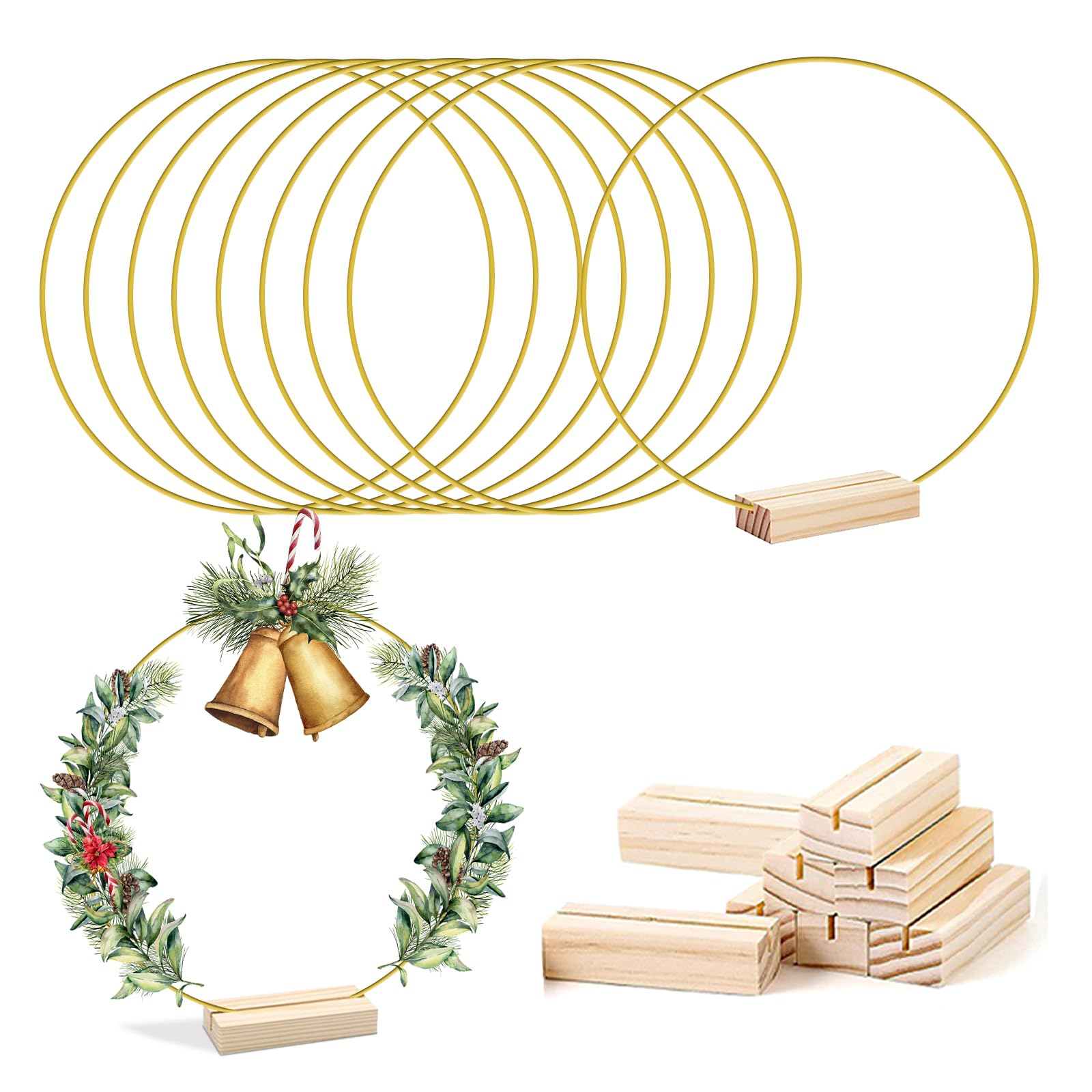 LWuuywa 8 Stück Metallring zum Basteln, 30cm Tafelaufsätze Makramee Ringe mit Holz Kartenhalter DIY Kranz Handwerk Traumfänger für Hochzeitskranzdekor und Wandbehang
