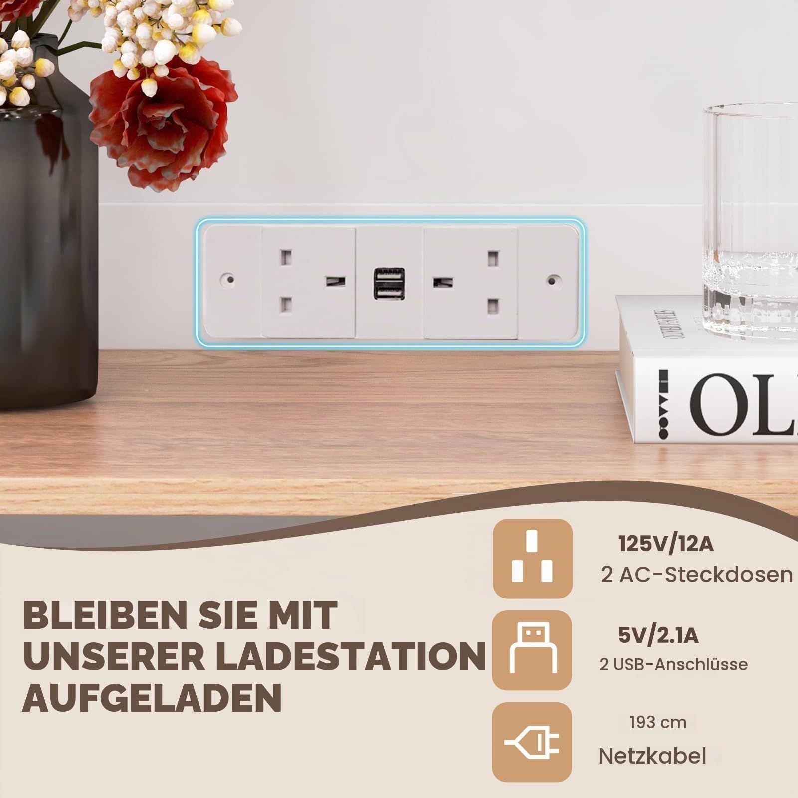 KOMFOTTEU Hoher Küchenschrank mit Ladestation, Mehrzweckschrank mit Schublade & Türen, Buffetschrank mit verstellbaren Regalen, Aufbewahrungsschrank 100x40x181 cm für Esszimmer Küche, Weiß