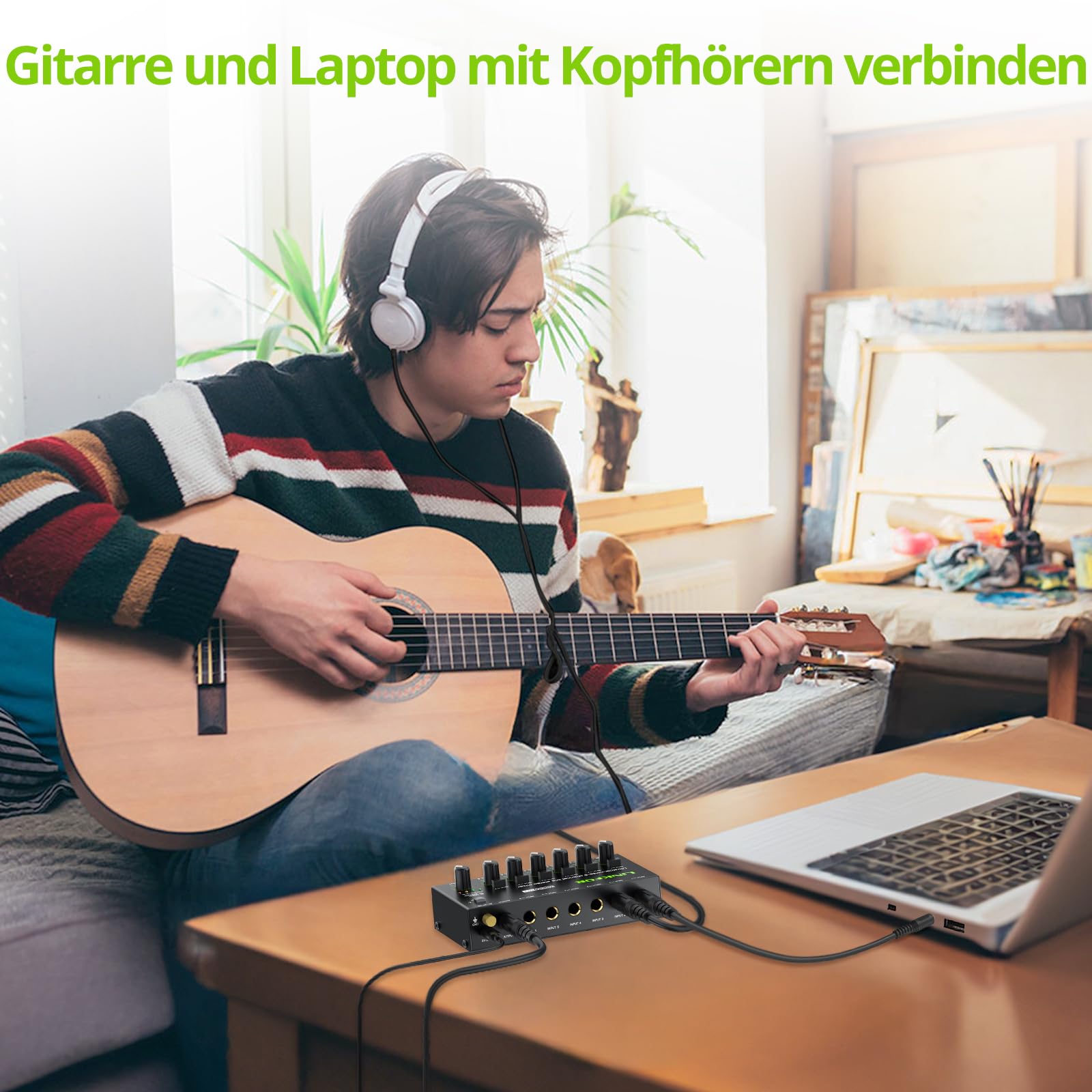 LiNKFOR 6 Kanal Mini Stereo Audio Mixer Ultrakompakter Audiomixer Unabhängige Lautstärkeregelung für Mischungen, DC 5V Type-C Mini-Audiomischer mit Netzteil Audiokabel - Ultra Niedrig Noise