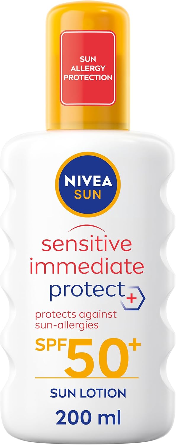 NIVEA SUN Sensitive Allergy Immediate Protect Spray SPF 50+ (200ml), Sun Cream for Sensitive Skin, Sun Protection Factor 50+, Water-Resistant Sunscreen Spray NIVEA SUN Sensitive Allergy Immediate Protect Spray SPF 50+ (200ml), Sun Cream for Sensitive Skin, Sun Protection Factor 50+, Water-Resistant Sunscreen Spray