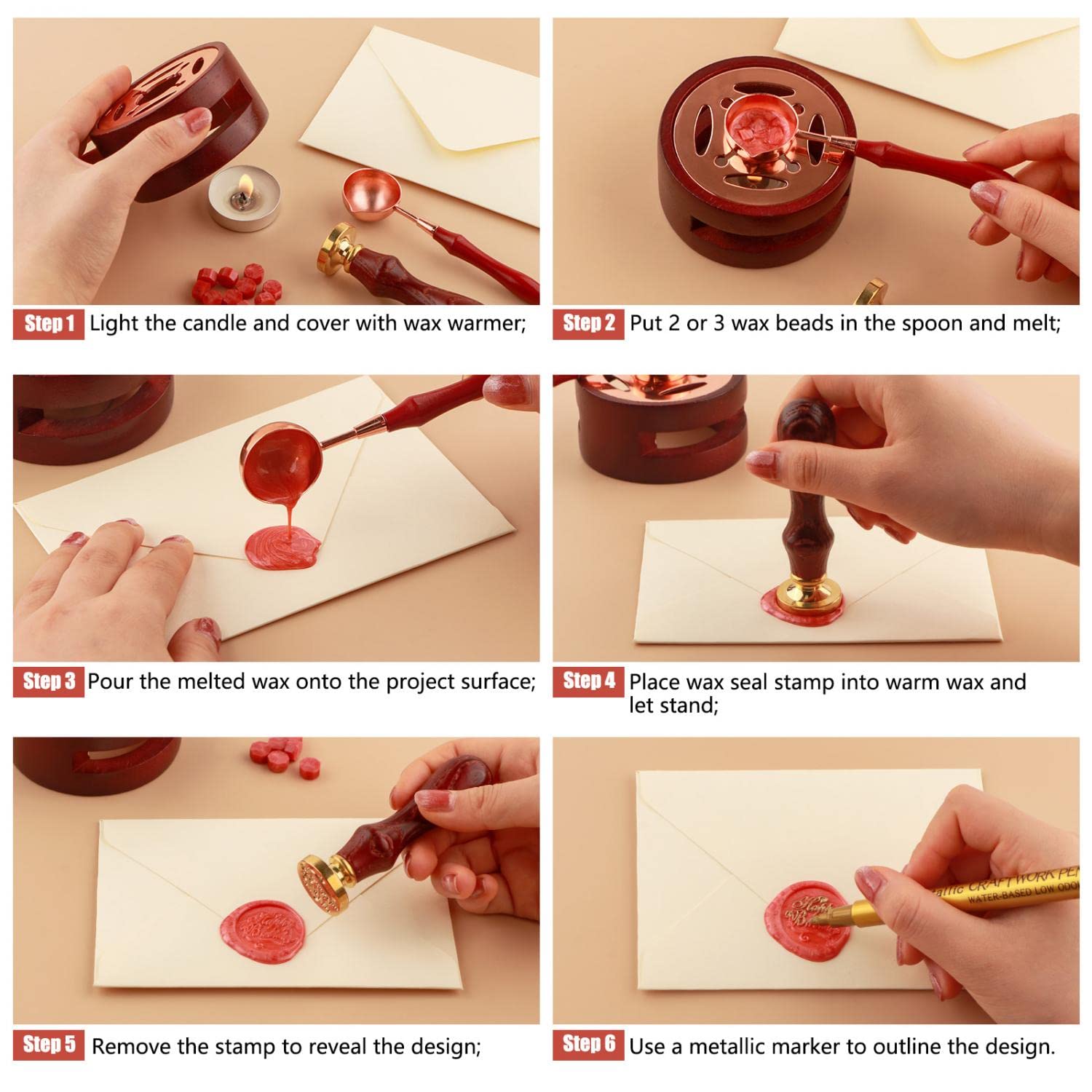 OTCRAFT 3Pcs/Set Best Wishes for You Wax Seal Starter Kit/Wax Seal BundleBrass Head Wooden Handle - Image 3