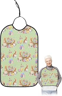 BOBOWUNY Spring Easter Adult Bibs for Elder Women Men Eating, Bunny Colorful Eggs Easter Basket Polka Dot Waterproof & Washable Bibs for Eating Clothing Protector Dining Bibs for Crumb Catcher