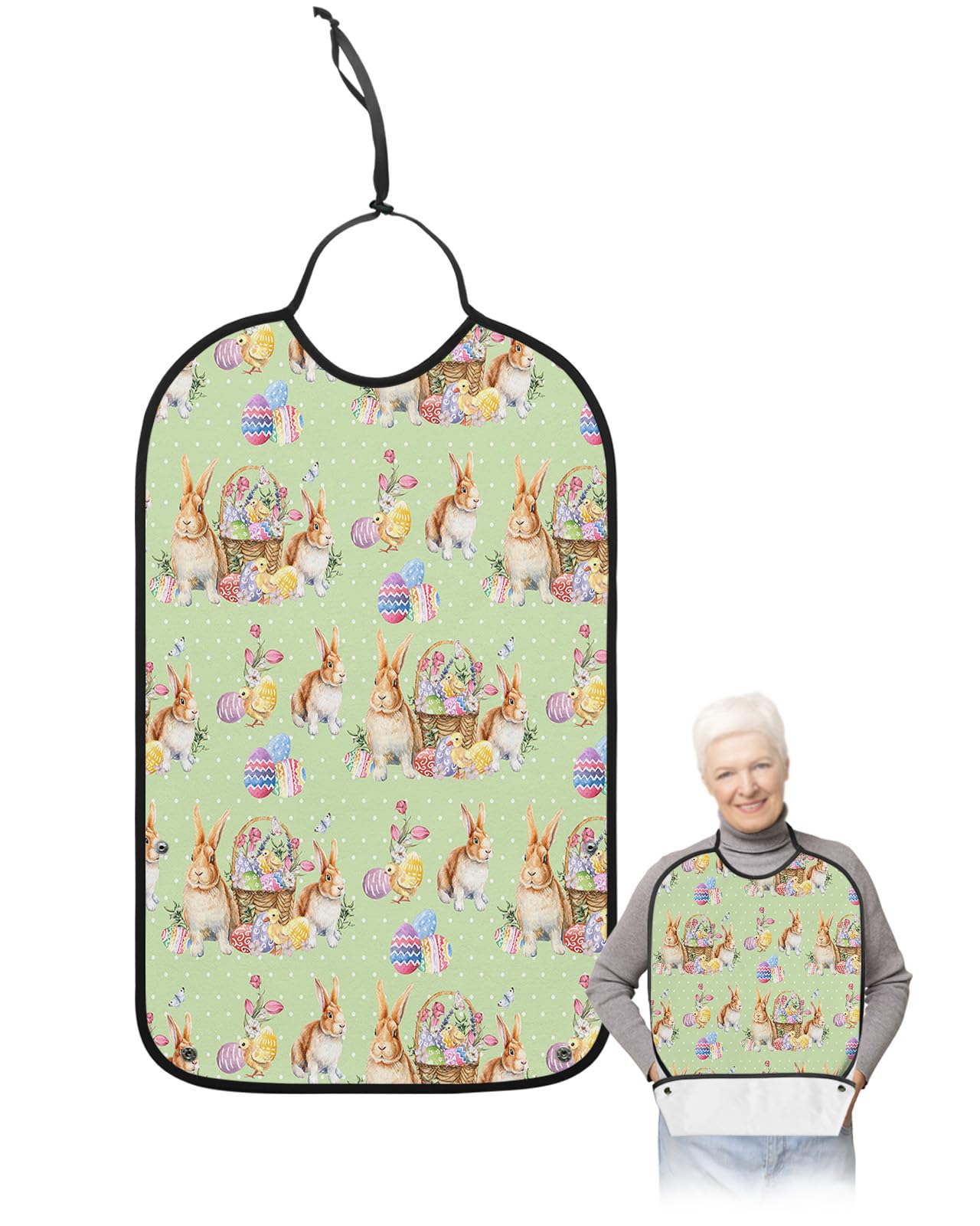 Spring Easter Adult Bibs for Eating, Waterproof Bibs with Food Catcher & Adjustable Snap Closure, Bunny Colorful Eggs Easter Basket Polka Dot Clothing Protectors Adult Bibs for Elderly Women/Men