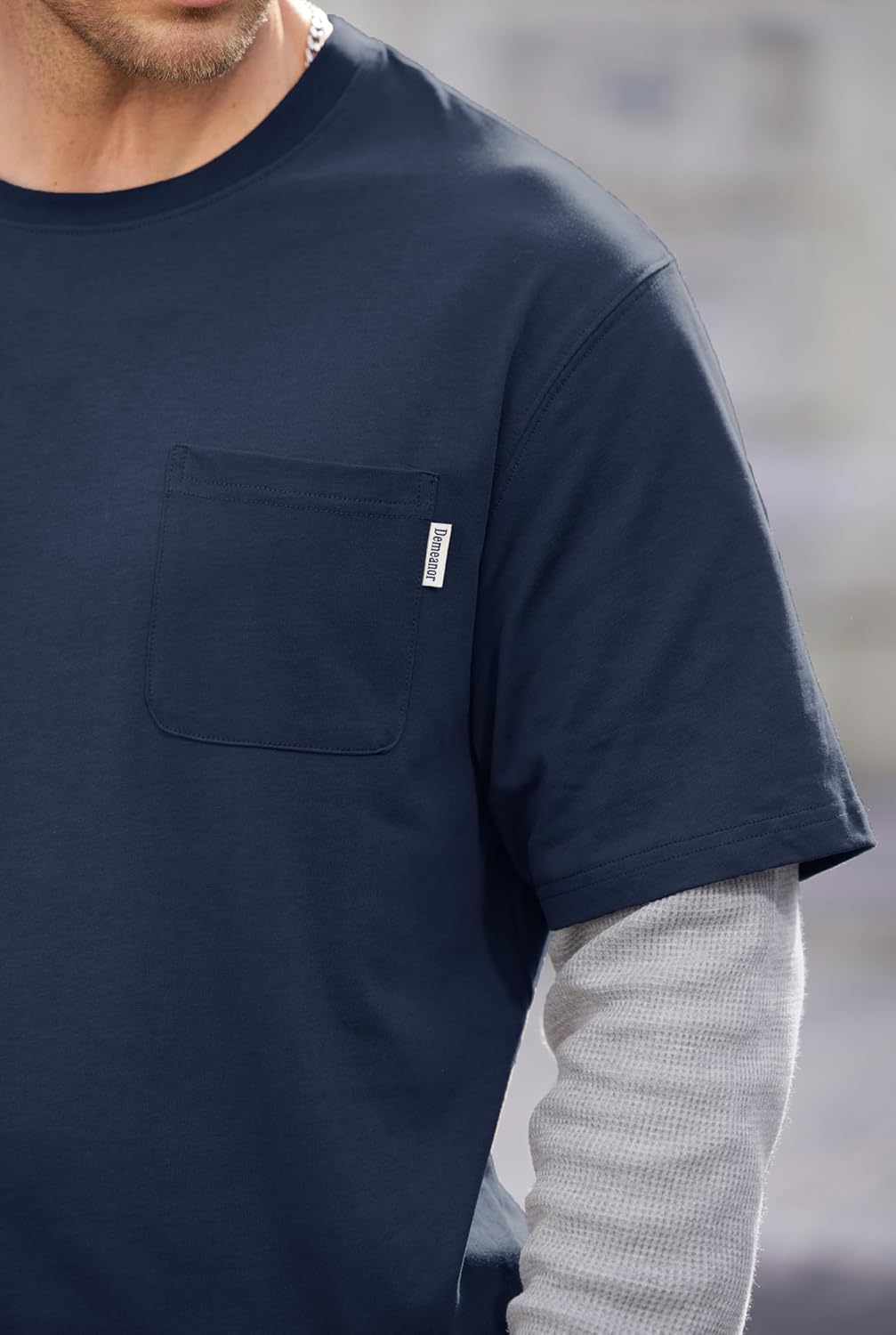 Mens Layered Shirt Waffle Longsleeve Cotton Faux 2-Piece Casual Pullover with Pocket (S-XXL) - Image 7