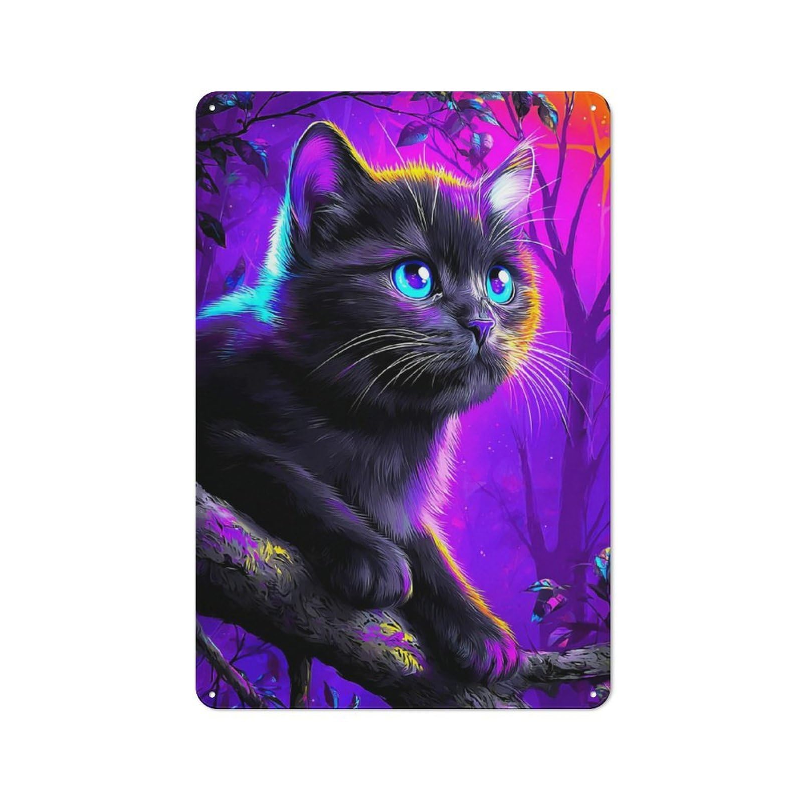 Neon Cat in Fantasy Forest Cottage Metal Wall Decor 30x20cm, Shed Metal Sign for Patio Bar, Workshop, Shed Or Kitchen