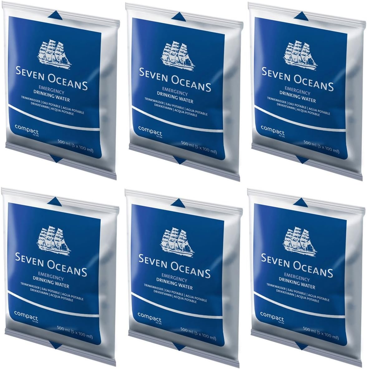 Pack of 6 Seven Oceans Long-Life Emergency Drinking Water 500ml for Liferafts, Lifeboats Survival