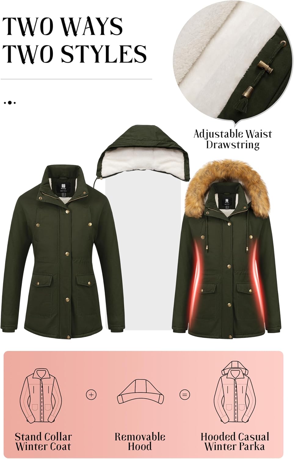 Pursky Women's Winter Coat Sherpa Lined Cotton Military Jacket Thicken Heavy Parka with Removable Faux Fur Hood - Image 4