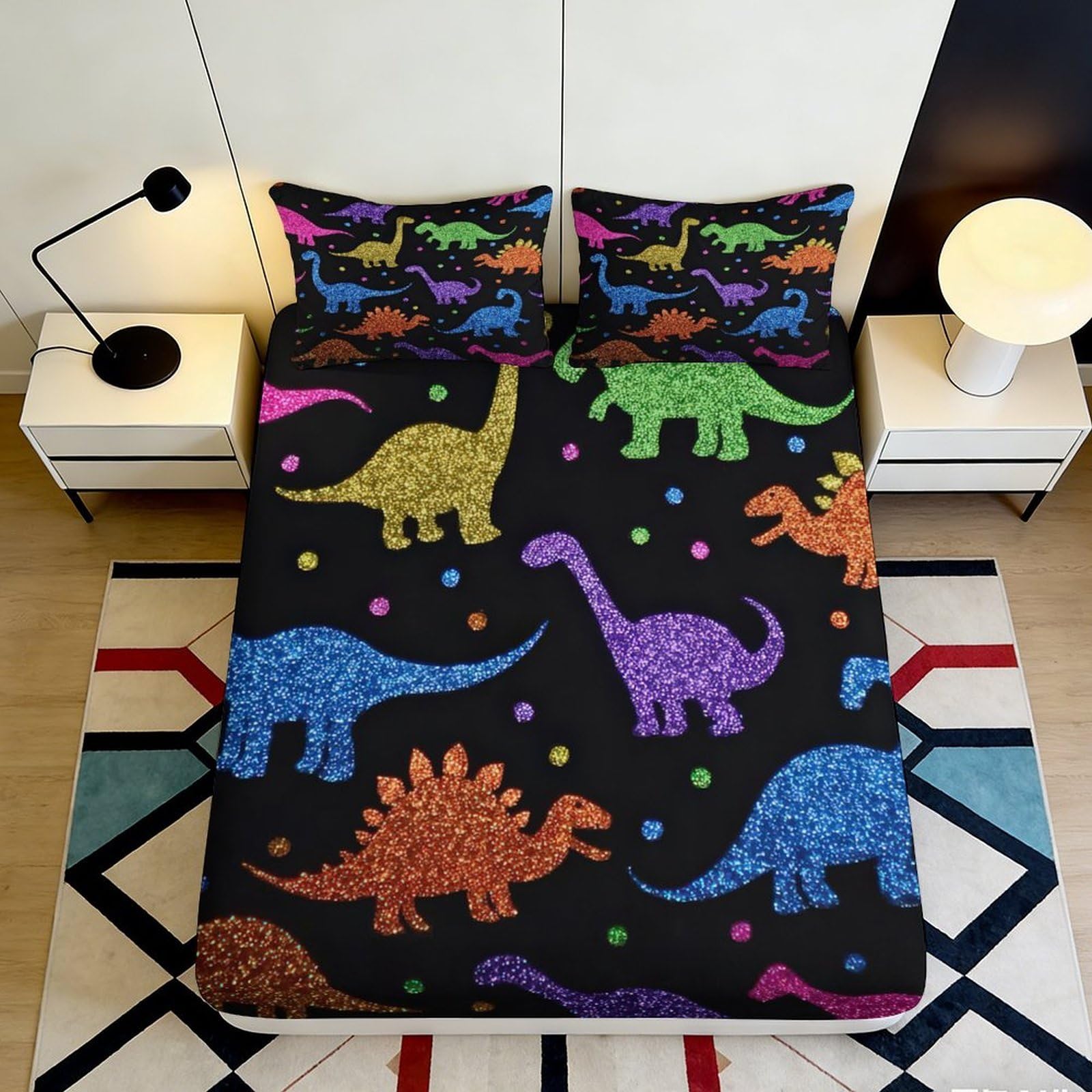3D Printed colourful dinosaur fitted sheet, wrinkle resistant microfiber, soft touch, bedroom decor, bed cover for main room or guest room, apartment bedding, easy care, chars 160x200x25cm