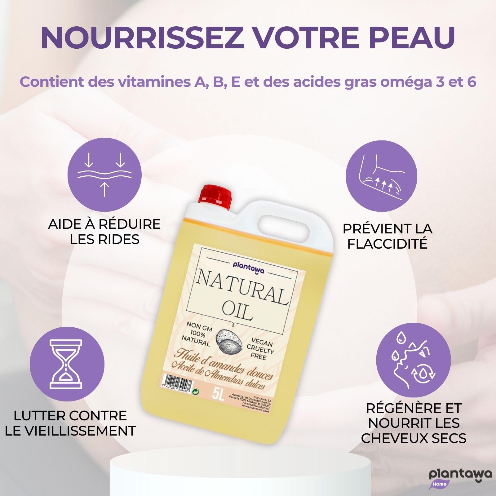 PLANTAWA Huile d'amande douce, Pack économique, kit professionnel, massage, 5L, hydrate, peau, oreille, cheveux, grossesse, pour visage, apporte de la vitamine E, durable, 5000 ml
