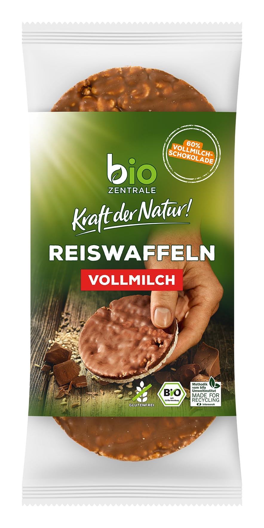 biozentrale Reiswaffeln Vollmilch | 100 g | Bio glutenfrei | Ballaststoffquelle | nicht frittiert und mit 60% Vollmilchschokolade