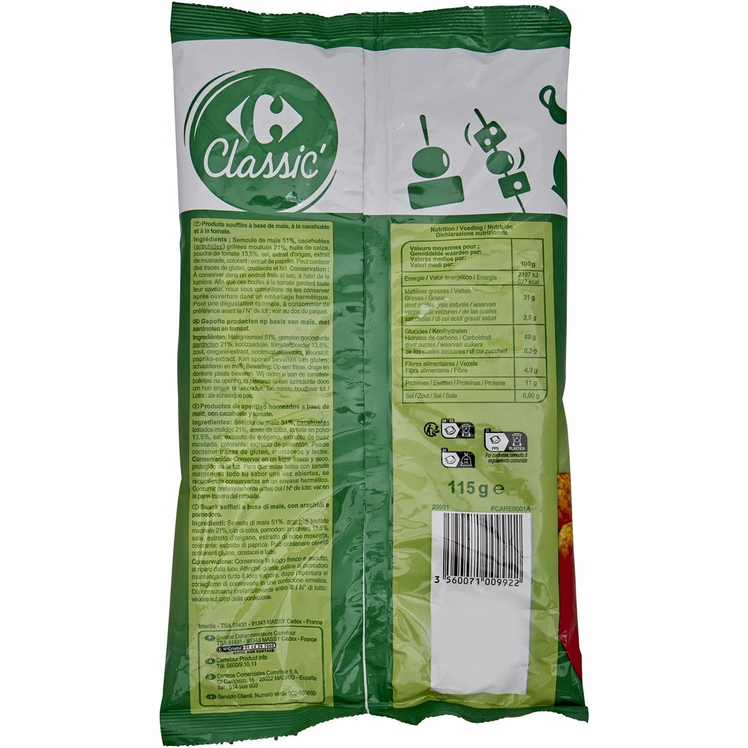 CARREFOUR CLASSIC' - Biscuits Apéritifs Soufflés Tomate et Cacahuète - Recette à Base de Maïs - le sachet de 115 g - Le Lot De 4