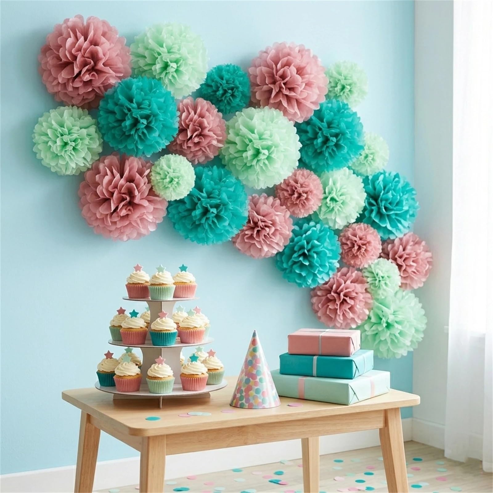 Pompons Deko 21 Stück Seidenpapier-Pompons | 20/25/30 cm Blumen, hängende Dekoration for Hochzeit, Party, Geburtstag, Hintergrund