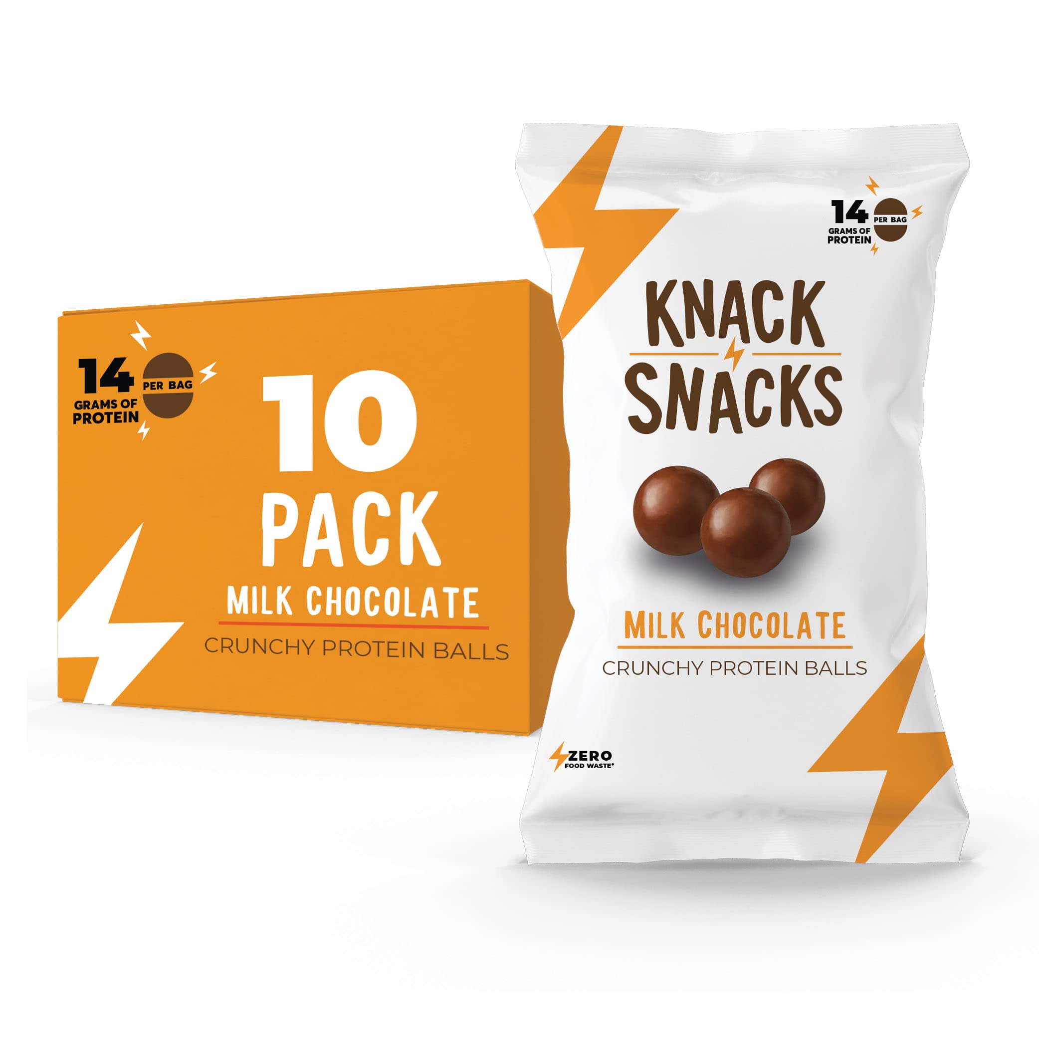 Knack Snacks | Crunchy Protein Balls - Milk Chocolate Flavour (10x 34 gram Bags) | High Protein Snack, Gluten Free Low Sugar