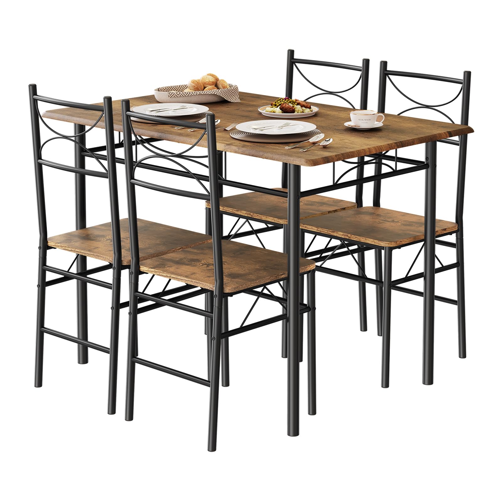 WOLTU Table à Manger avec 4 Chaises, Table de Cuisine pour 4 Personnes, MDF Métal Marron Rustique Noir