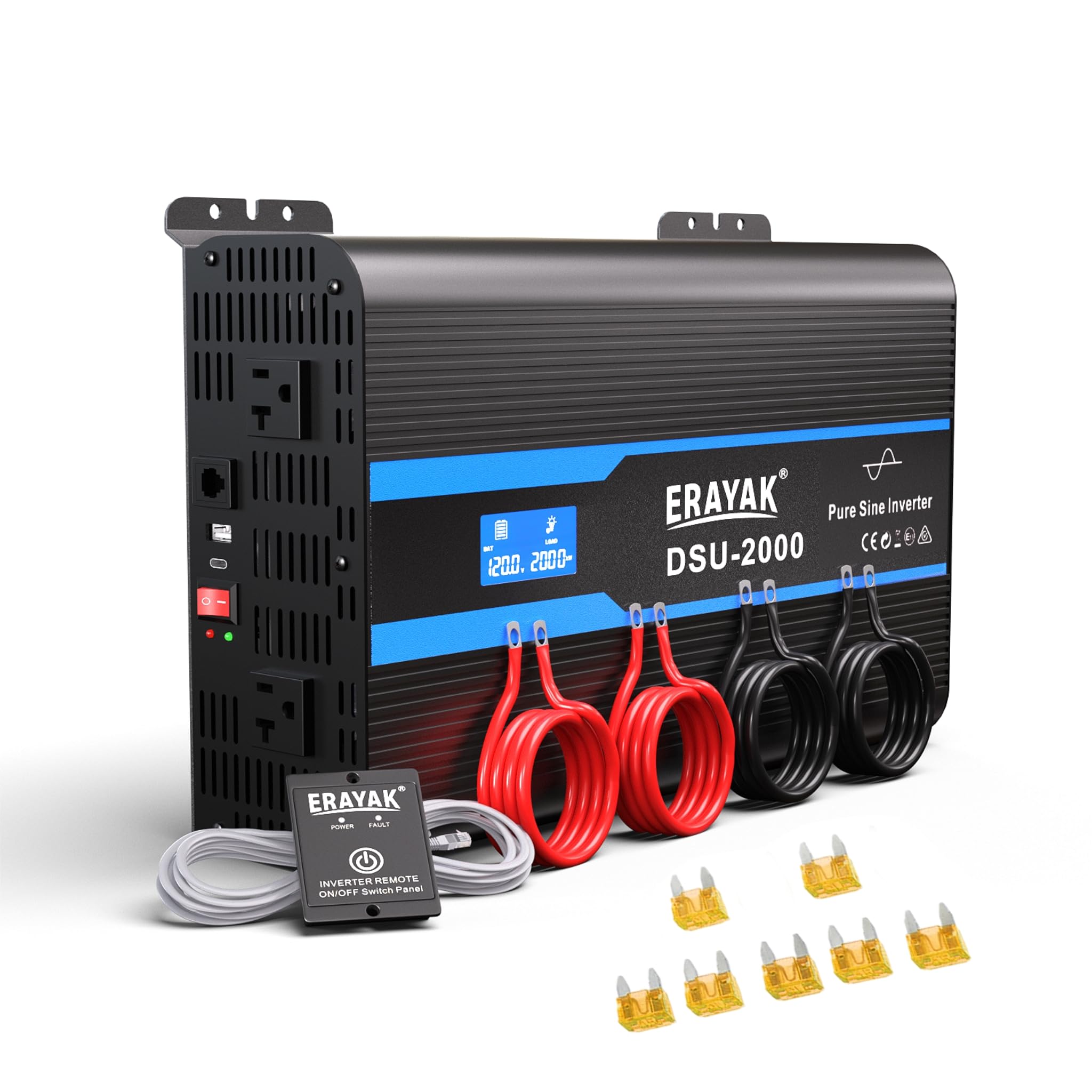 Erayak 2000W Pure Sine Wave Inverter 12V DC to 110V 120V AC Converter for Home, RV, Truck, Off-Grid Solar Power Inverter with 18W USB-C, Fast Charger, LCD Monitor, 6m Remote Controller