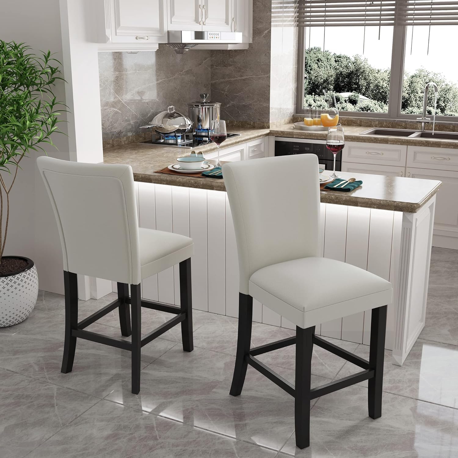 Set of 4 Counter Height Bar Stools, 25.6" Seat Height, White Faux Leather with Back, Solid Wood Frame, Ideal for Kitchen Island or Home Bar