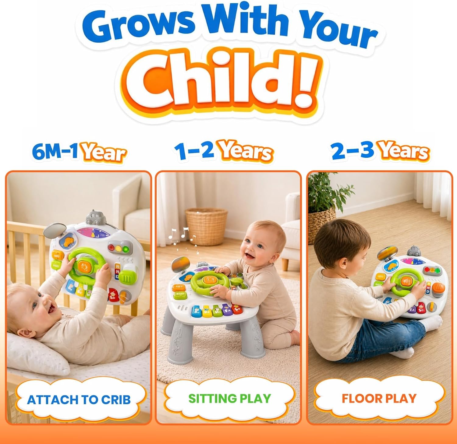 Baby Activity Table for Toddlers 1-3, Toddler Activity Table with Steering Wheel, Piano Keys, Lights and Music, Learning Toy for 18 Month Old Boys and Girls, First Birthday Gift, Baby Piano Toy
