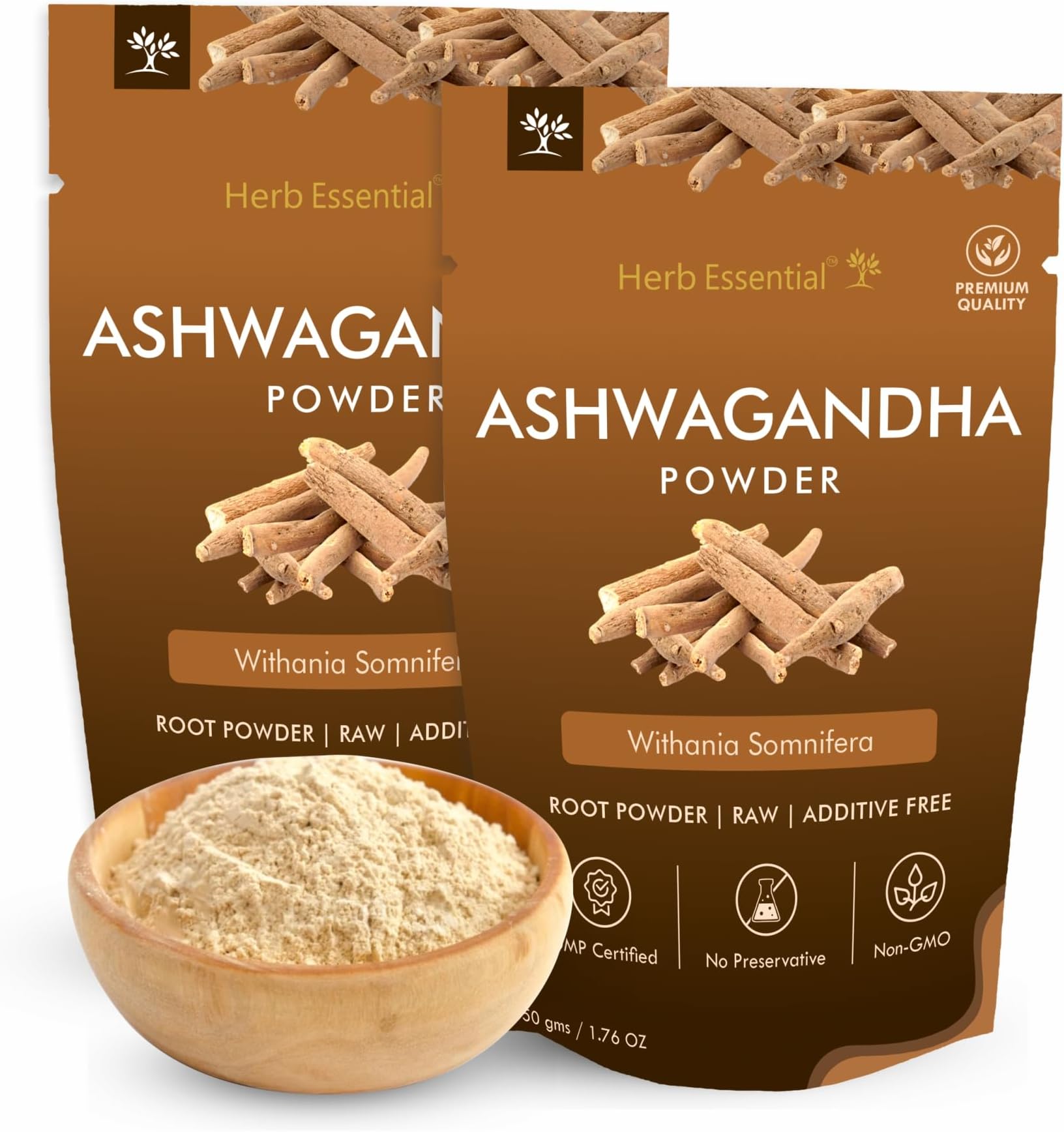 Herb Essential 3.52 Ounce Ashwagandha Root Powder, Indian Ginseng, Ashwagandha Ayurvedic Supplement, No Preservative, Non-GMO, 1.76 Ounce - 50g (Pack of 2)