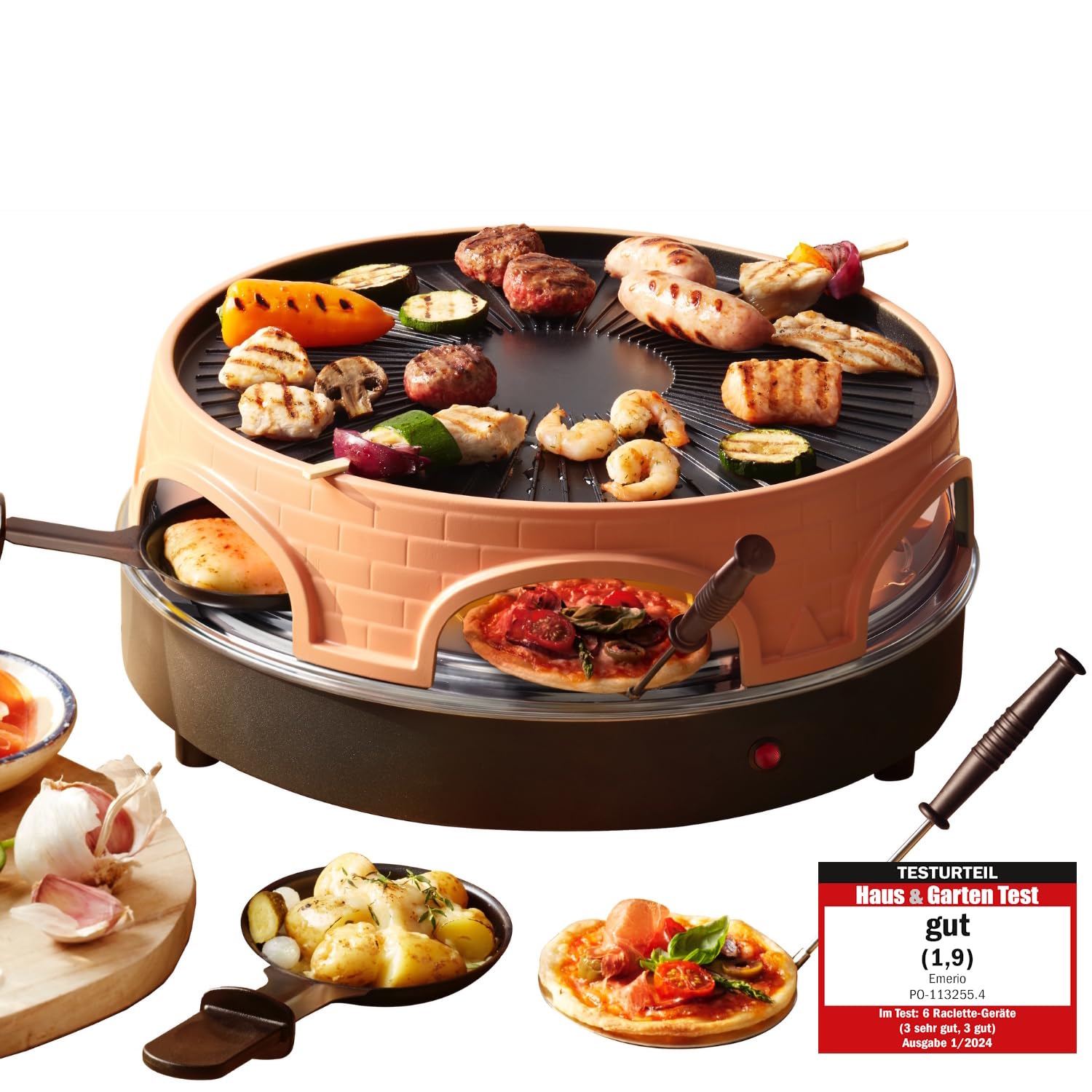Emerio Pizzaofen, PIZZARETTE das Original, 3 in 1 Pizza-Raclette-Grill, patentiertes Design, für Mini-Pizza, echter Familien-Spaß für 6 Personen, PO-113255.4