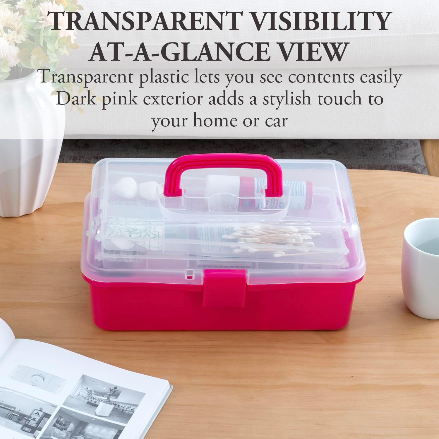 MyGift 13-Inch Dark Pink Plastic Craft Organizer and Storage Box – Clear Carrying Case with Latching Lid & 2 Expandable Trays for Sewing, Tools, First Aid, and Art Supplies