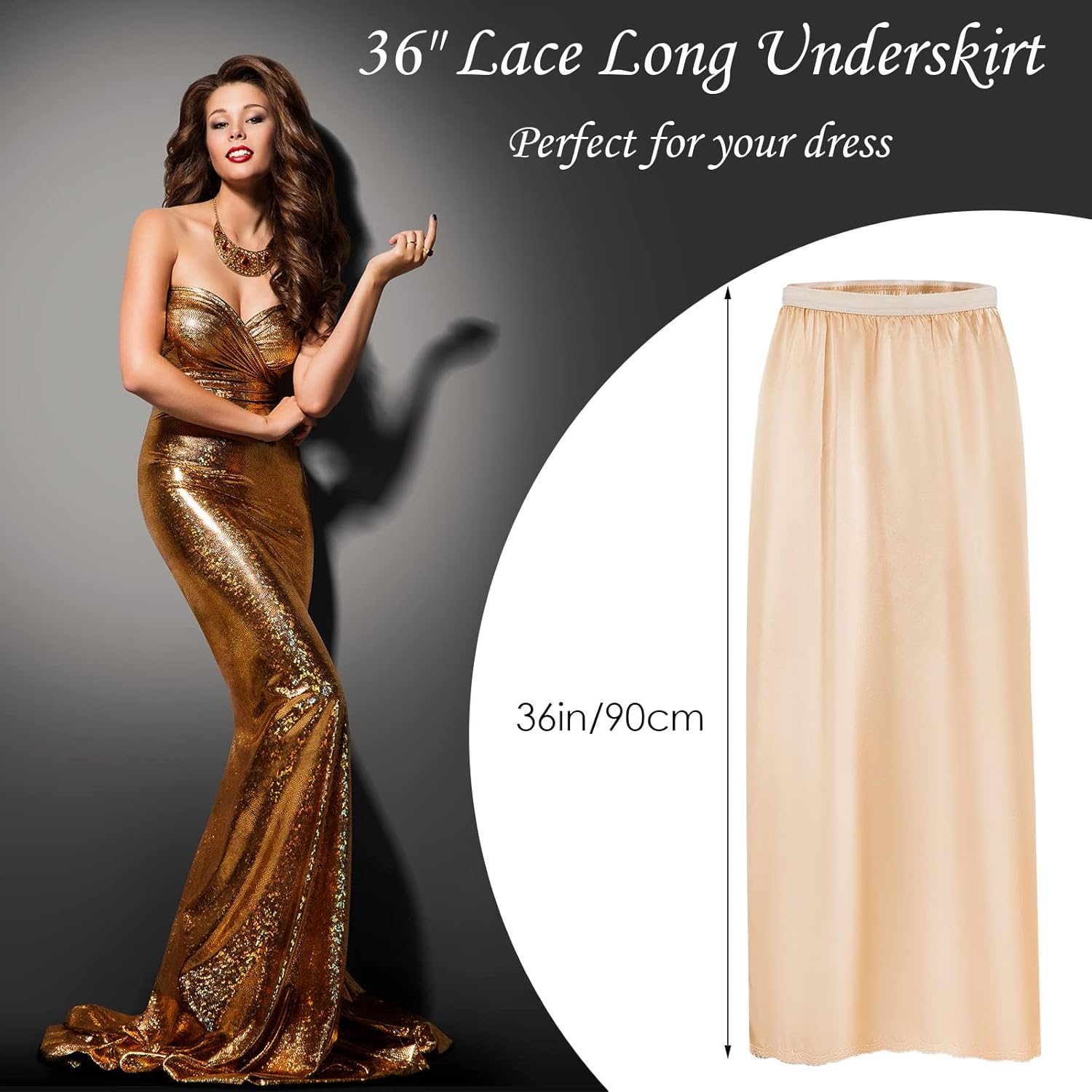 Jadive Women's Satin Half Slip Lace Long Underskirt Skirt Slip Long Slips for Dresses Lingerie Skirt - Image 2