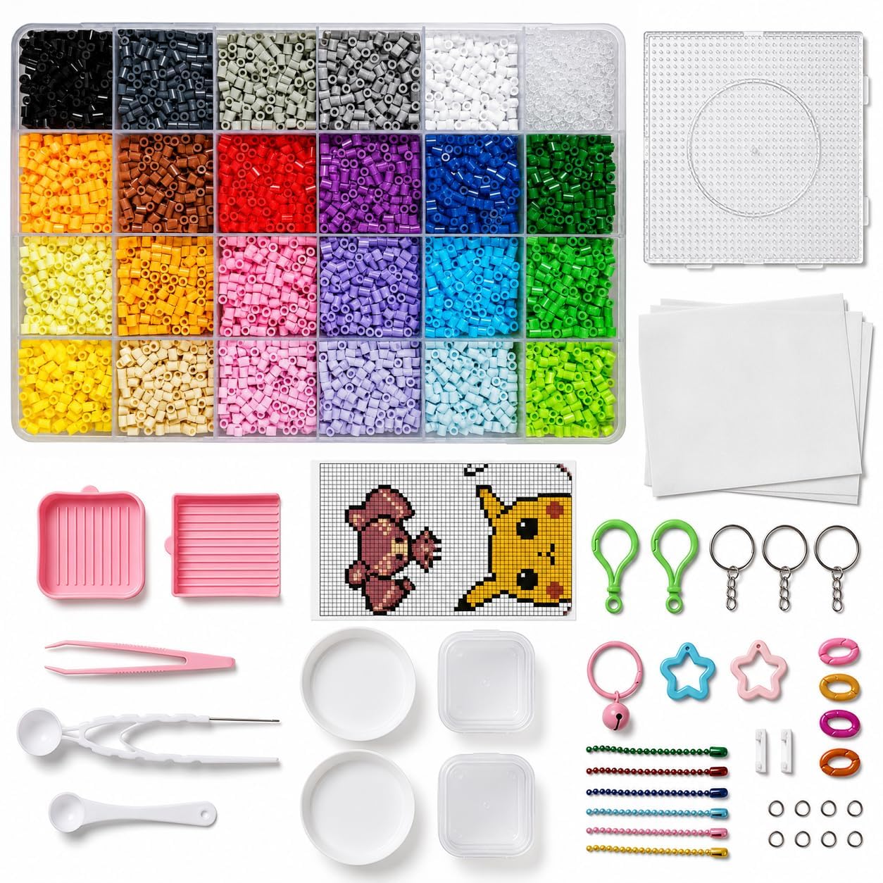 Fuse Beads Kit 24 Colors 2.6mm 9900Pcs Mini Iron Beads Craft Set with Pegboard, Ironing Paper, Tweezers, Keychains & Accessories for Kids DIY Pixel Art, Jewelry Making & Creative Crafts-image-20