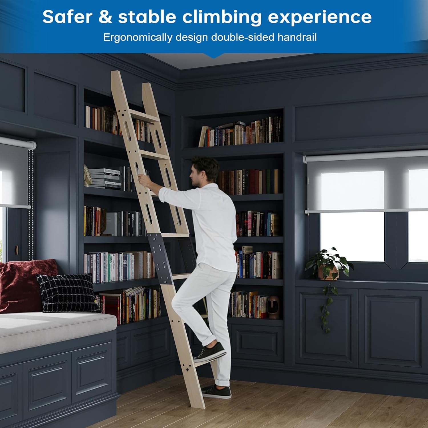 Rolling Library Ladder 9ft,450lbs Capacity,8 Steps with Build-in Handrail,Solid Wood,Easy Assembly for Loft Bookshelf Kitchen Attic Outdoors,DIY Stain (No Sliding Hardware)