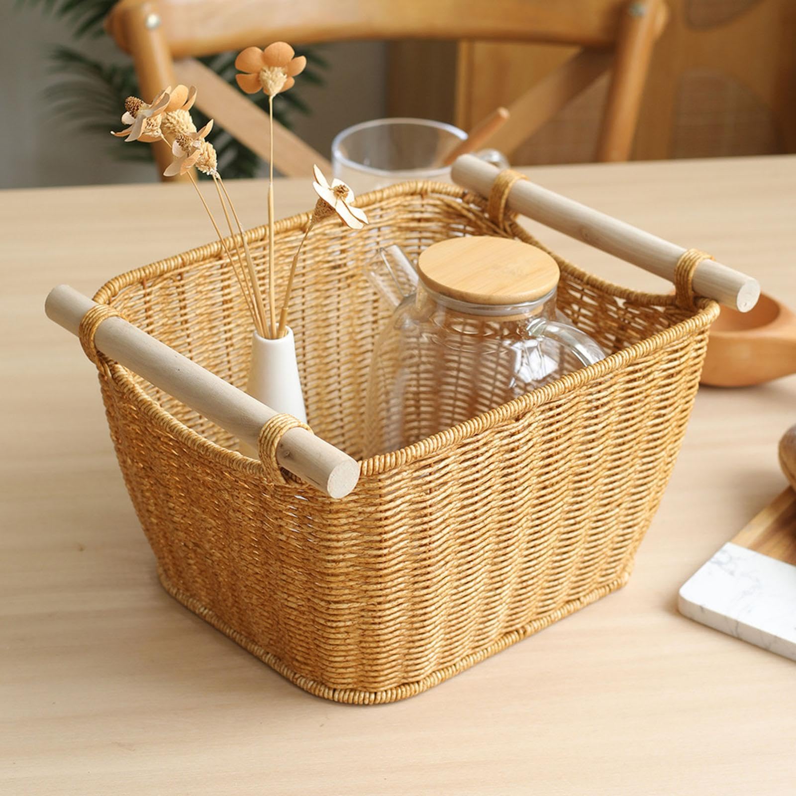 Cesta de Almacenamiento con Diseño Vintage Tejida a Mano Organizador Multiusos con Asas Bandeja de Imitación Ratán Fuerte y Madera Apta para