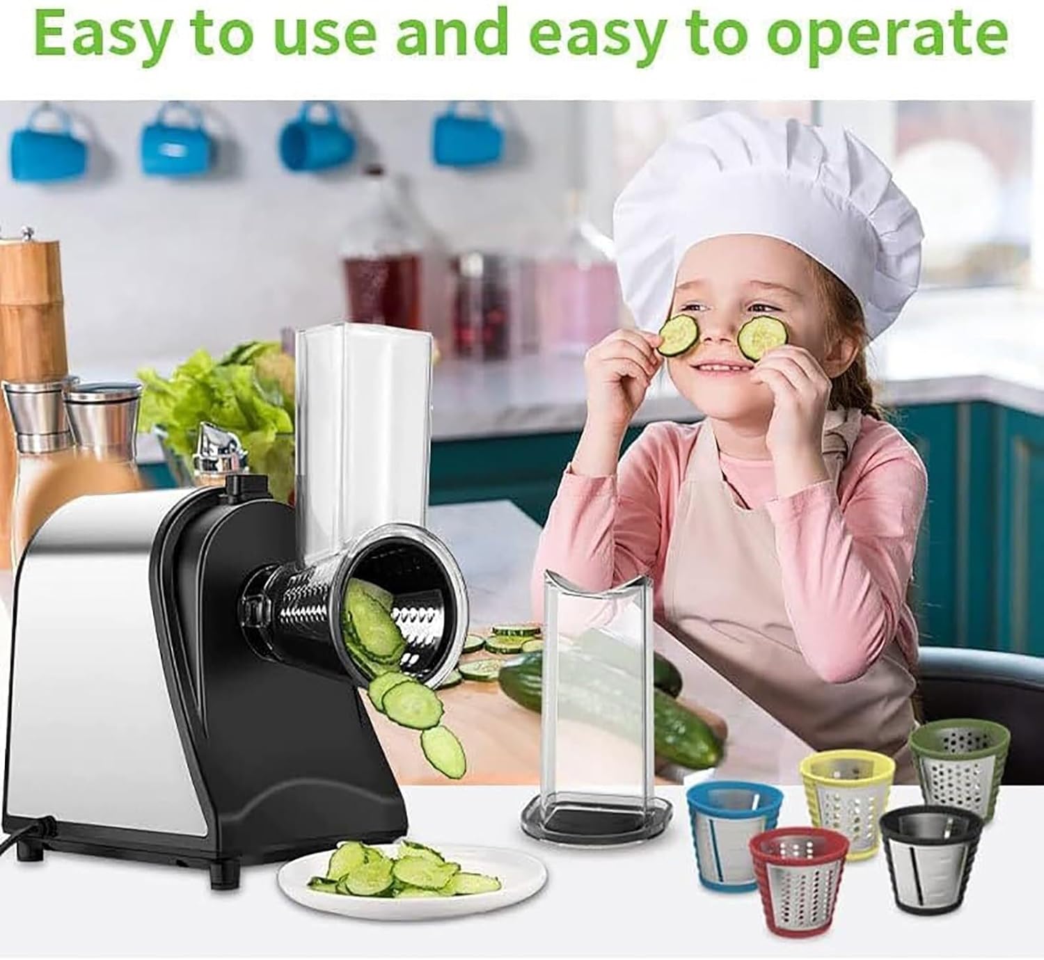 Electric Grater, 1000W Professional Vegetable Cutter, 5 Interchangeable Stainless Steel Blades, Easy To Operate, for Shredding and Grating Hard Cheese, Chocolate, Nuts