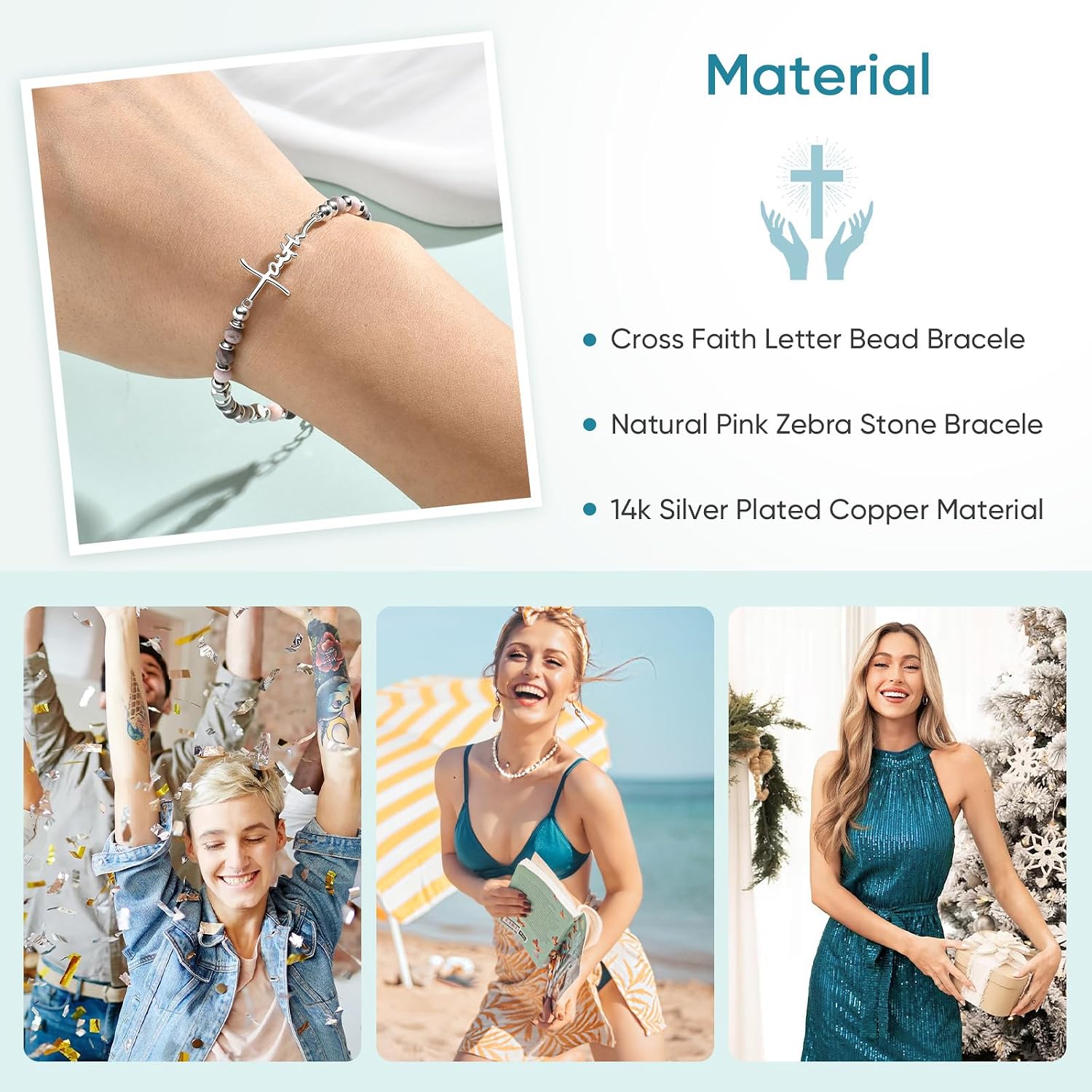 Faith Cross Bracelet for Women, Christian Inspirational Natural Stone Beaded Bracelet with Faith Words, Religious Jewelry Gift for Mother's Day Birthday Blessing Present for Mom Wife Grandma