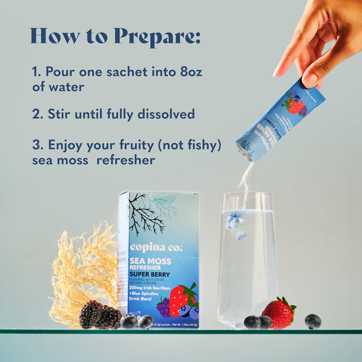 Copina Co. Irish Sea Moss Powder Drink - Super Berry with Organic Blue Spirulina - 200mg Organic Sea Moss for Gut & Skin Health, Immunity - Natural Electrolytes I 16 Stick Packs - Image 6