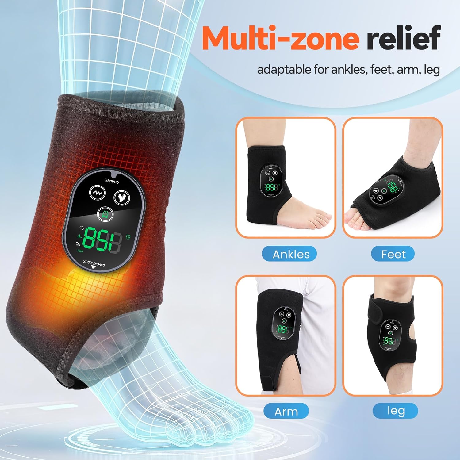 Cordless Foot Massager for Neuropathy, Rechargeable Foot and Ankle Massager for Circulation and Pain Relief, Ankle Heating Pad with Massage, Heated Ankle Brace Wrap, Black