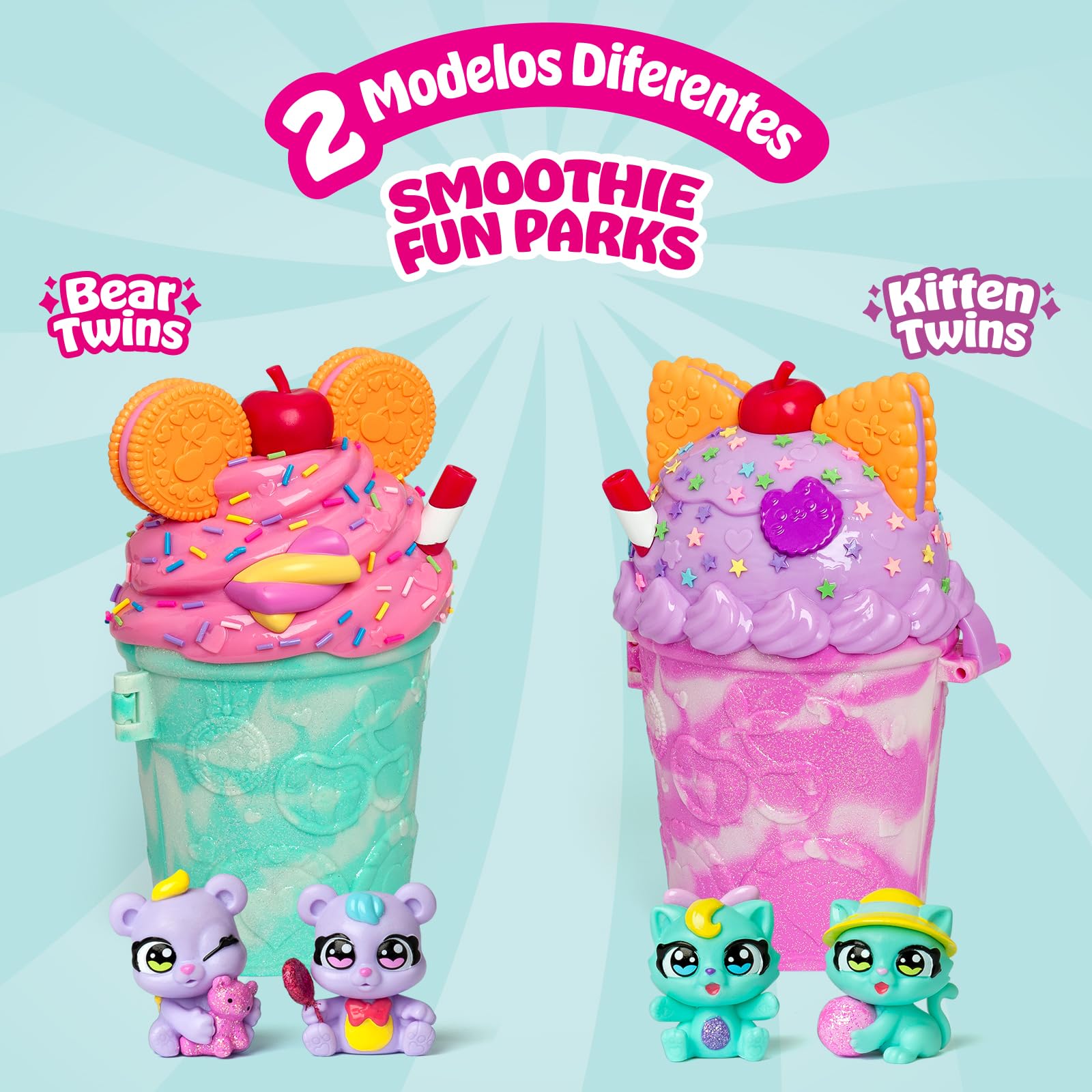Smoothie Fun Park Bear Twins. Casita con Parque de Atracciones en Forma de Smoothie: Incluye 1 Smoothie, 2 Figuras exclusivas “Color Reveal” y 3 Accesorios